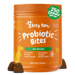 Zesty Paws emballage face montrant le format 250 chews et informations produit