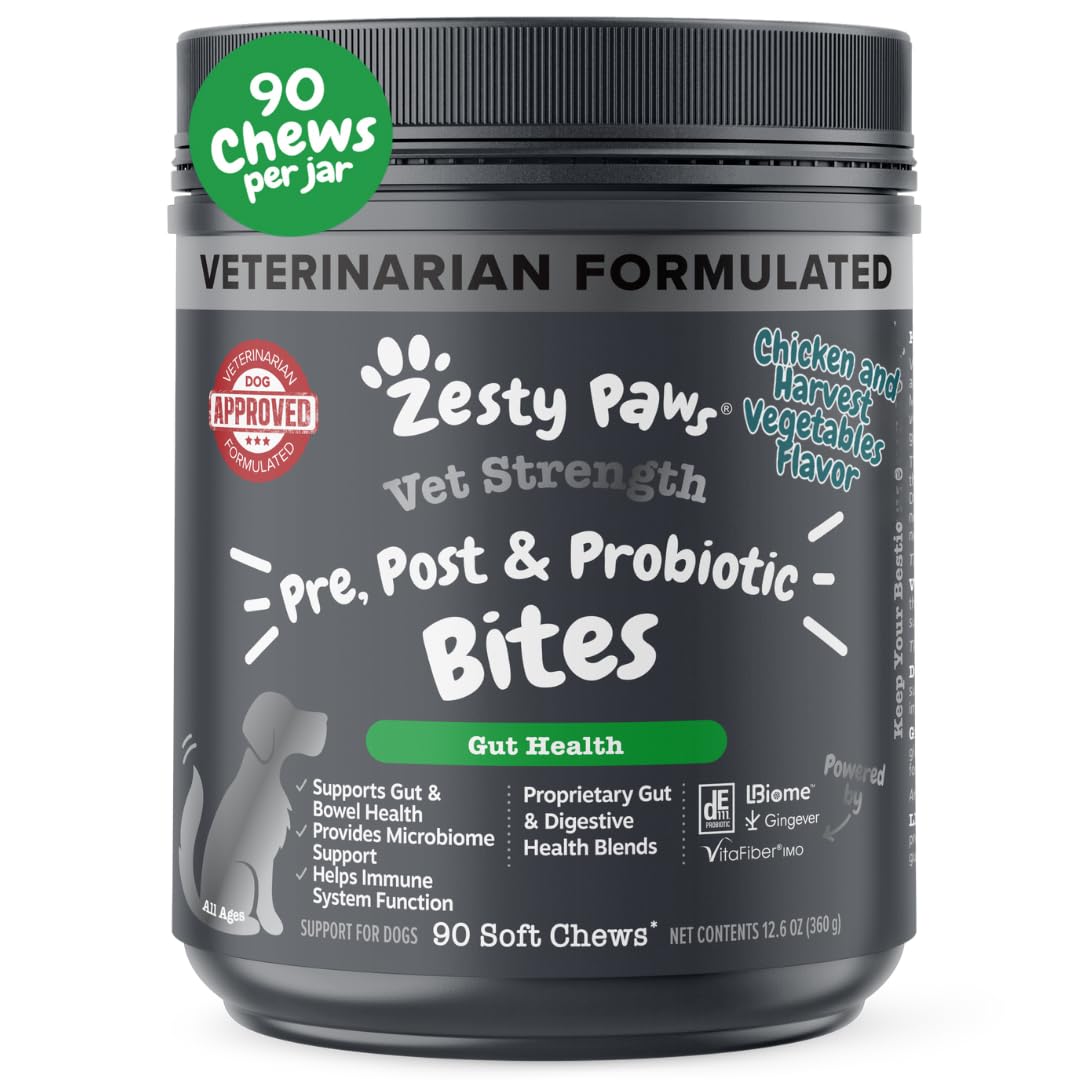 Zesty Paws emballage face montrant la formulation vet strength et bénéfice digestif