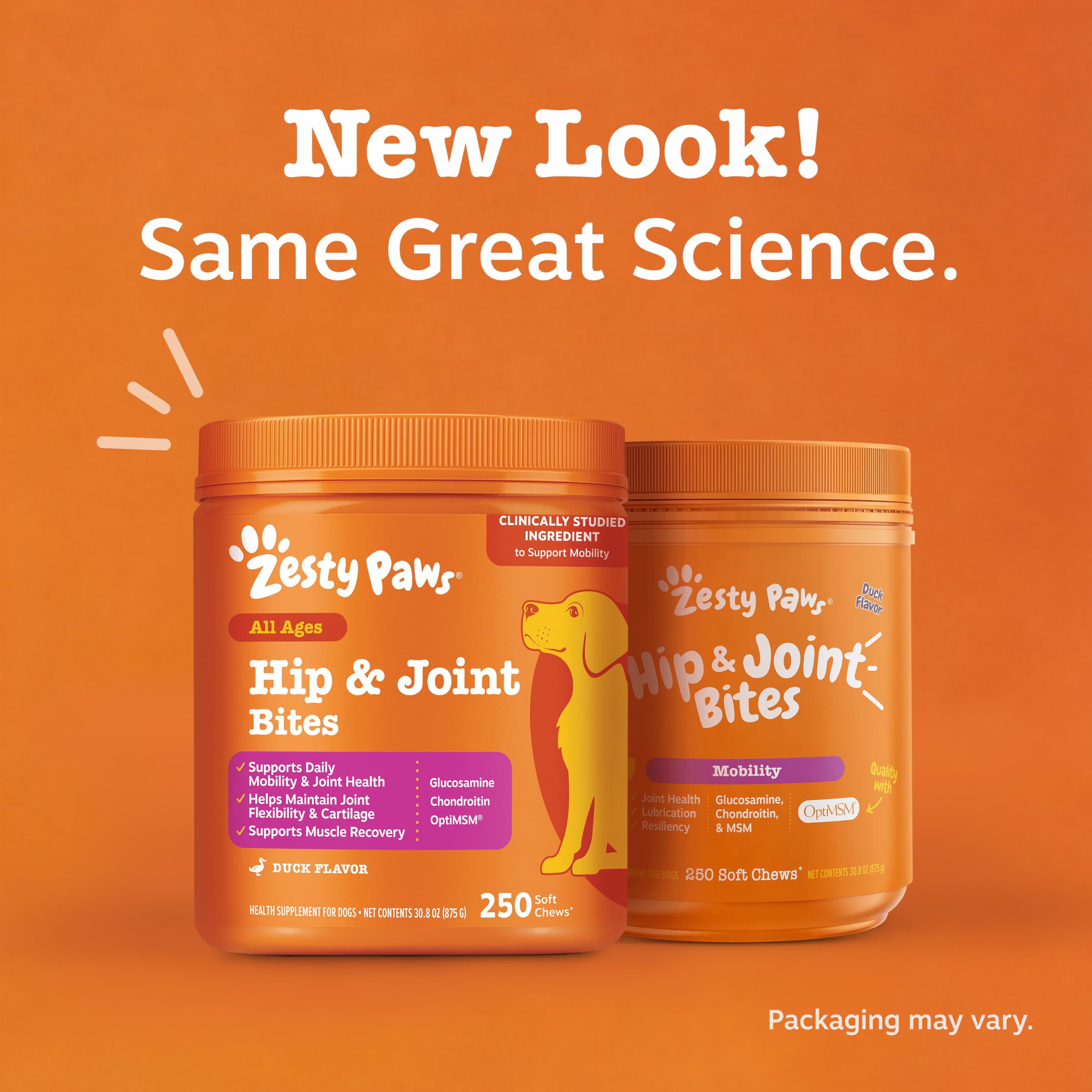 Zesty Paws étiquette ingrédients détaillés soulignant glucosamine et OptiMSM