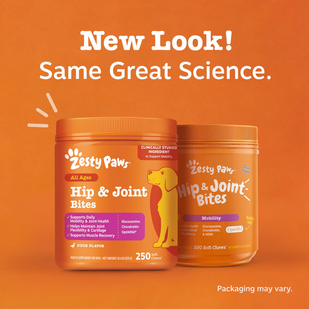 Zesty Paws étiquette ingrédients détaillés soulignant glucosamine et OptiMSM