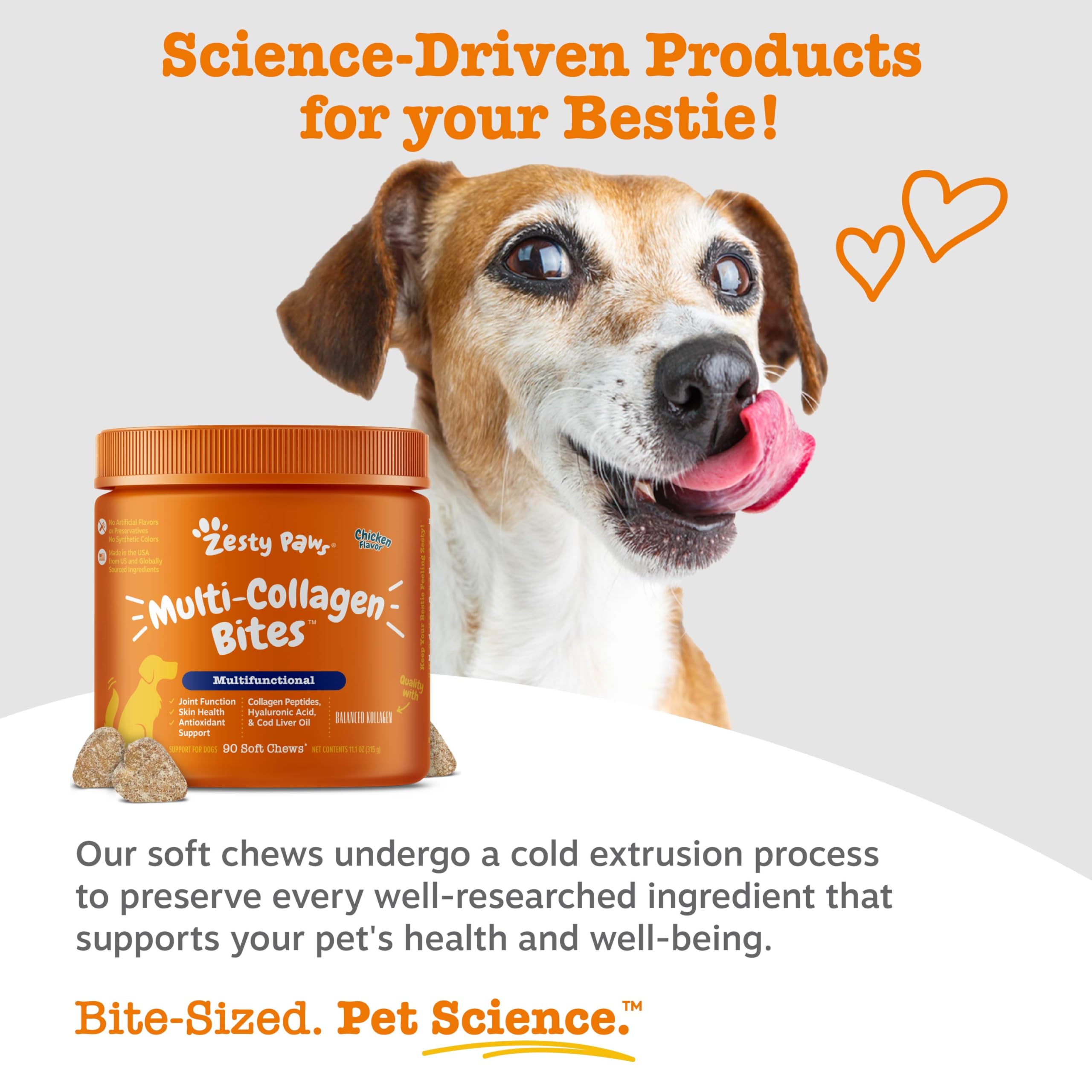 Zesty Paws étiquette nutrition close-up montrant ingrédients actifs utiles