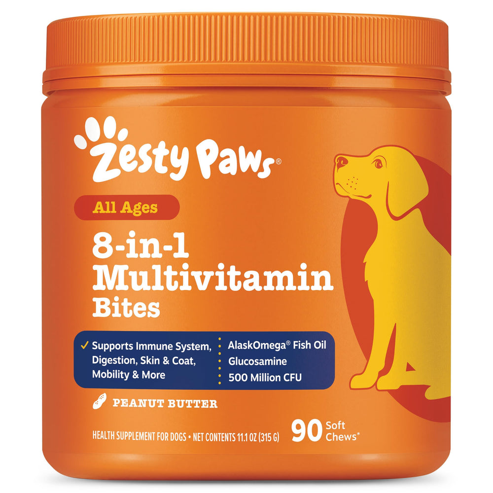 Zesty Paws face de l'emballage montrant 90 comprimés et bénéfice praticité