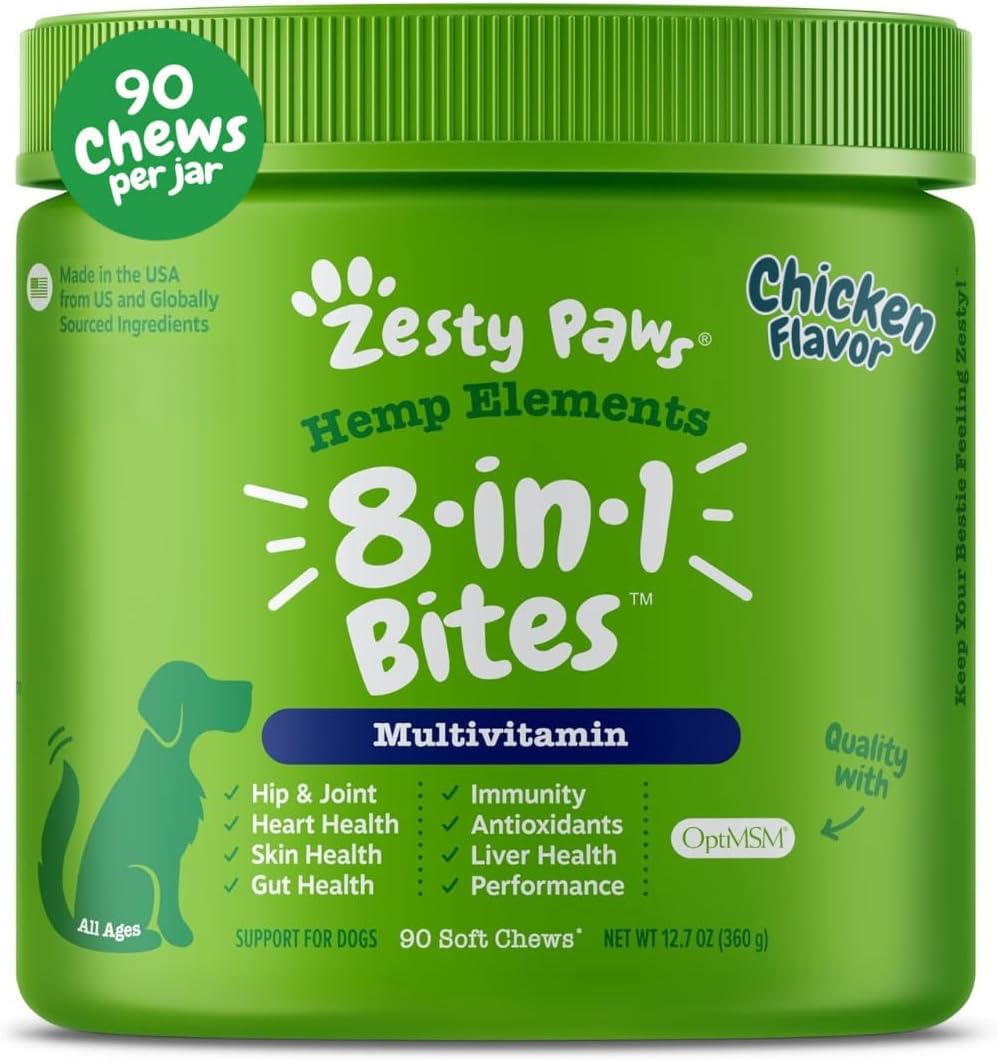 Zesty Paws flacon face montrant l’étiquette et les bénéfices visibles