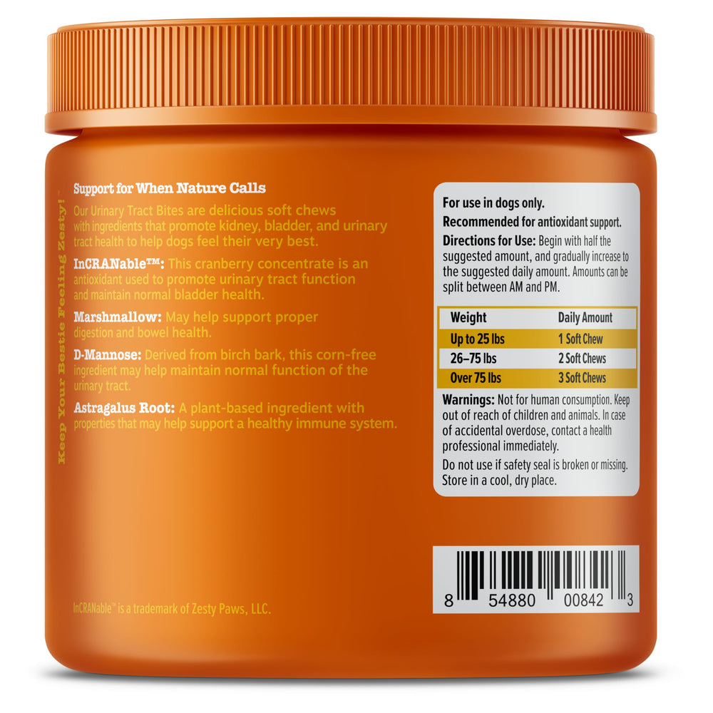 Zesty Paws ingrédients naturels présentés: canneberge, astragale, ortie pour soutien
