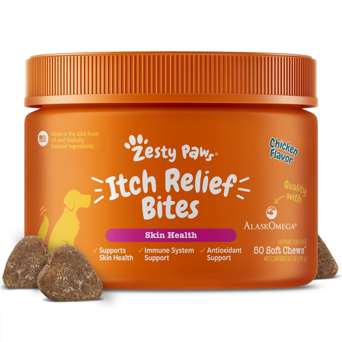 Zesty Paws emballage avant montrant boîte et bénéfice peau saine