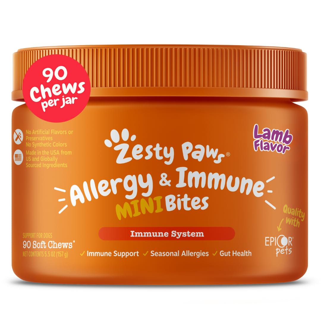 Zesty Paws emballage avant montrant pot de 90 chews bénéfice praticité