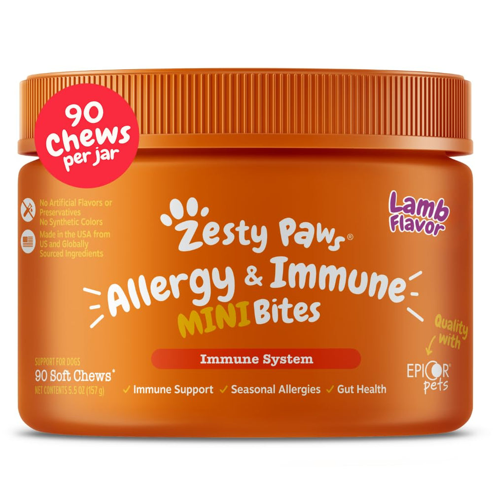 Zesty Paws emballage avant montrant pot de 90 chews bénéfice praticité