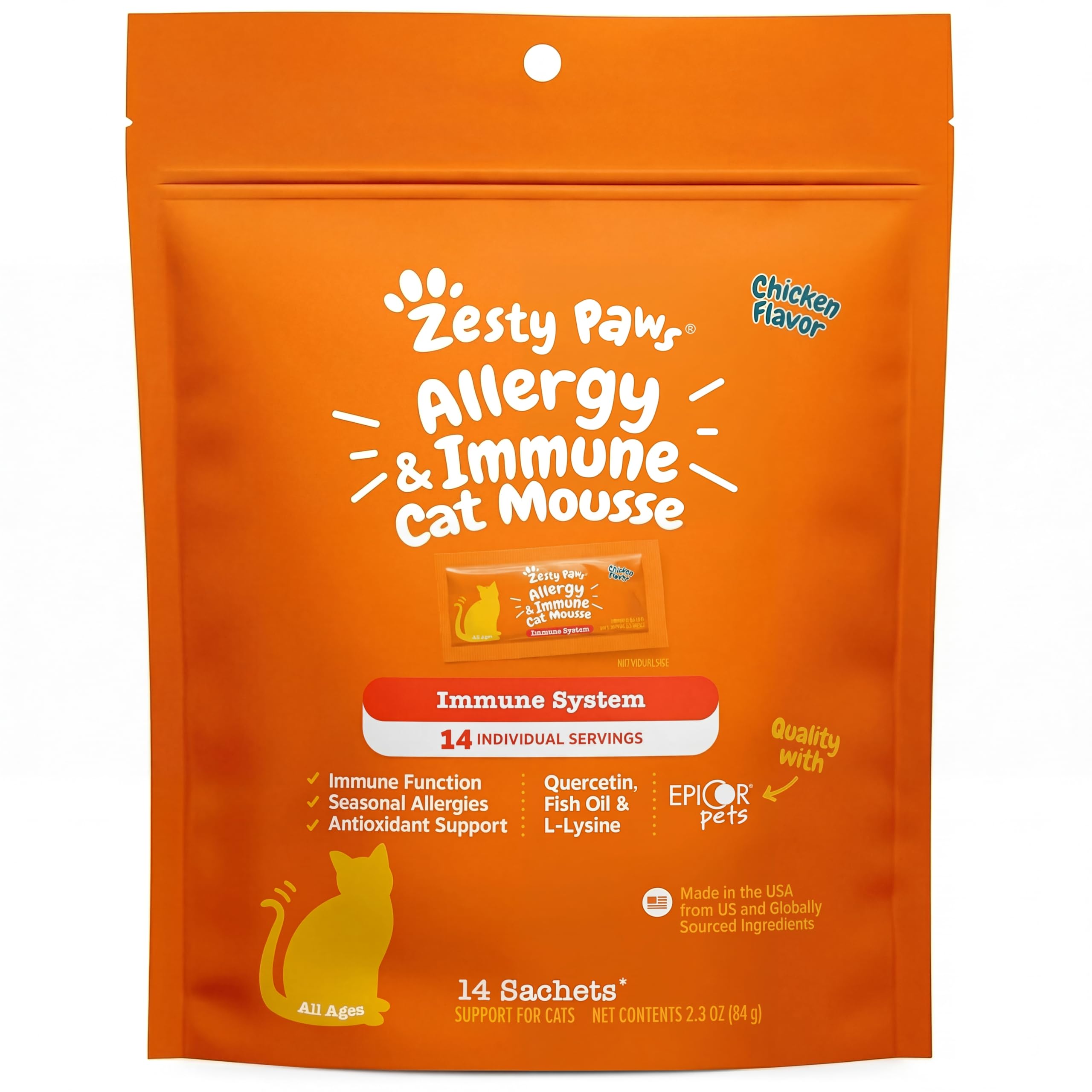 Zesty Paws emballage frontal montrant la mousse et bénéfice appétence