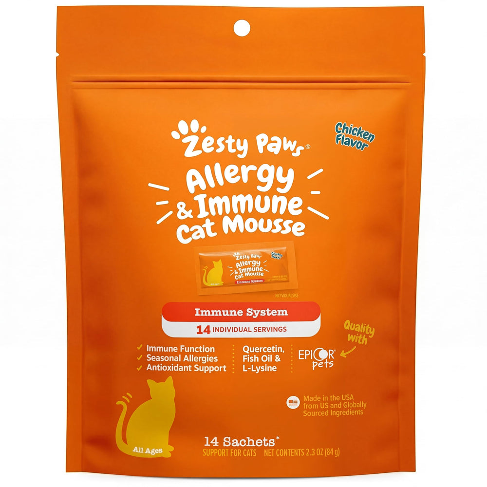 Zesty Paws emballage frontal montrant la mousse et bénéfice appétence
