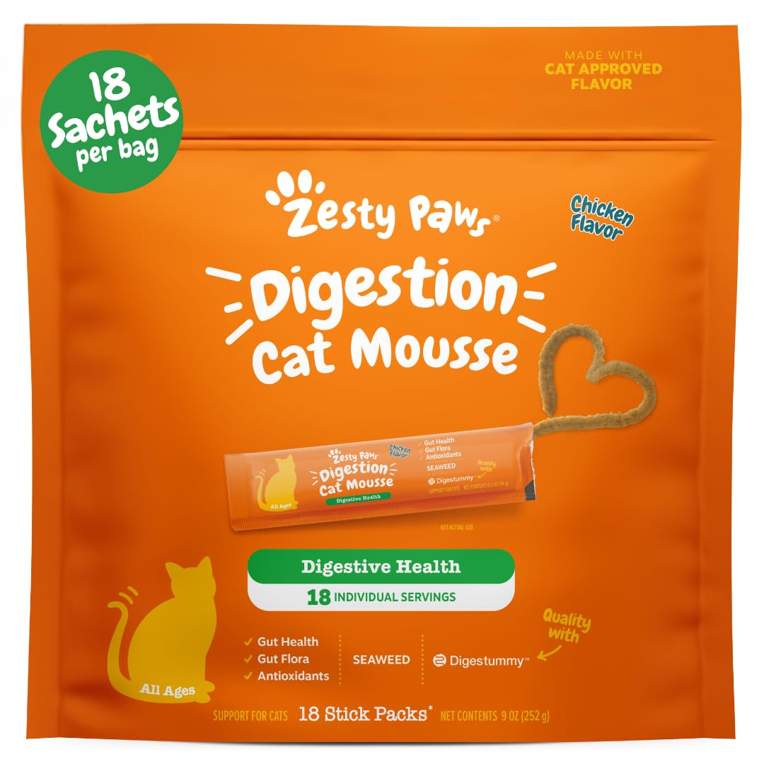 Zesty Paws emballage avant montrant la mousse digestive et bénéfice appétence