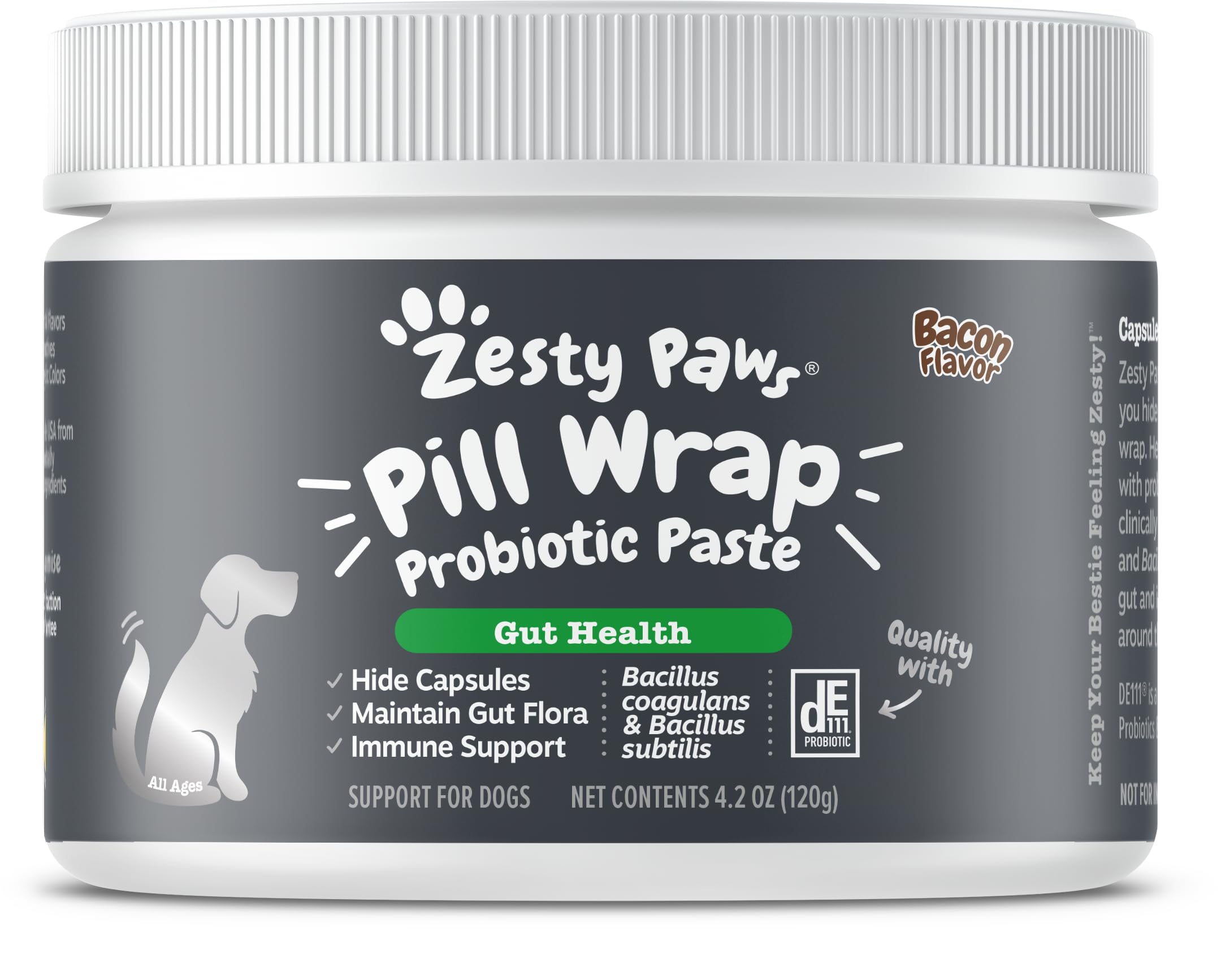 Zesty Paws bouteille avec étiquette lisible soulignant ingrédients principaux et dosage