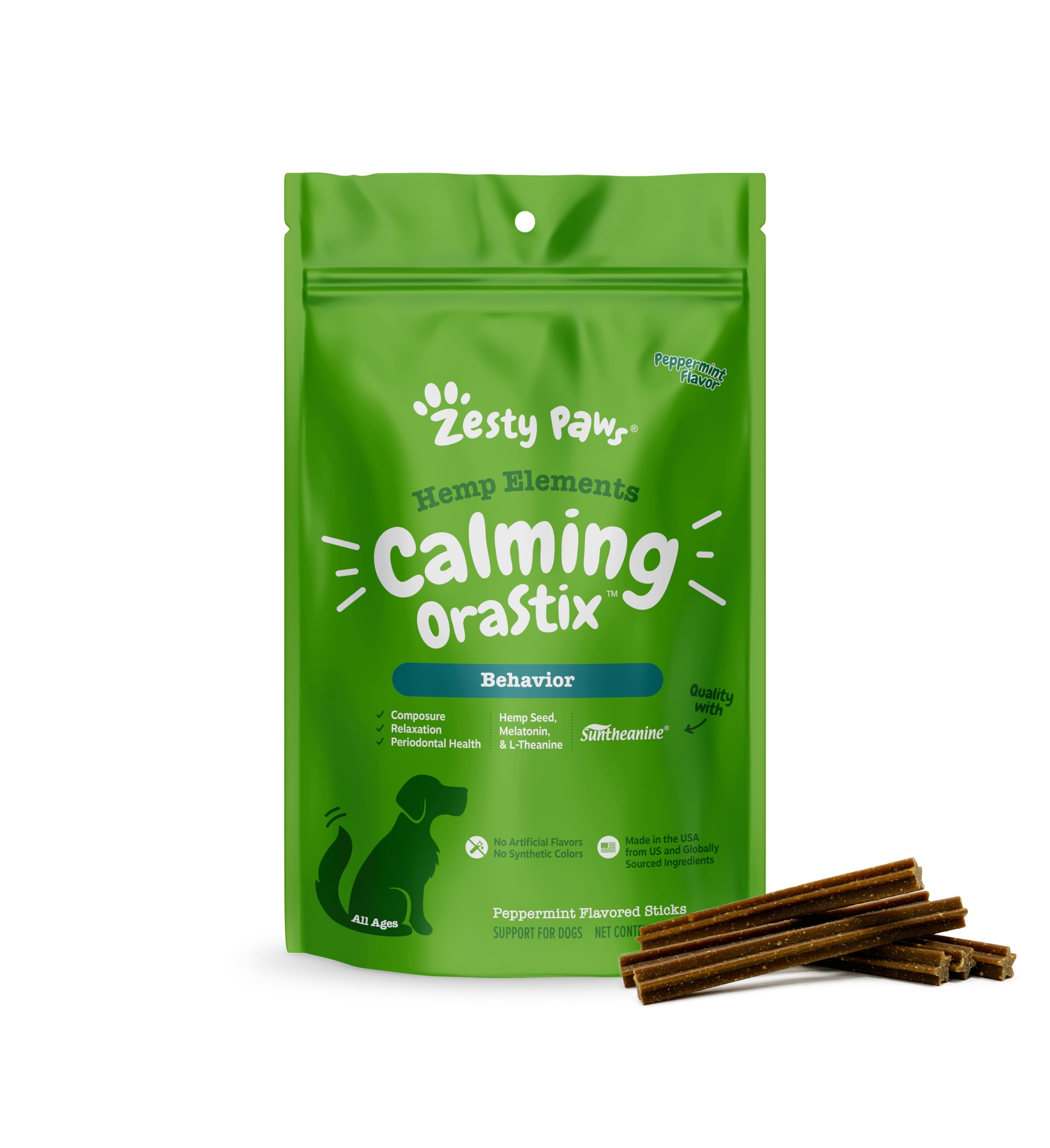 Zesty Paws emballage avant montrant le format 12 oz et bénéfice calmant