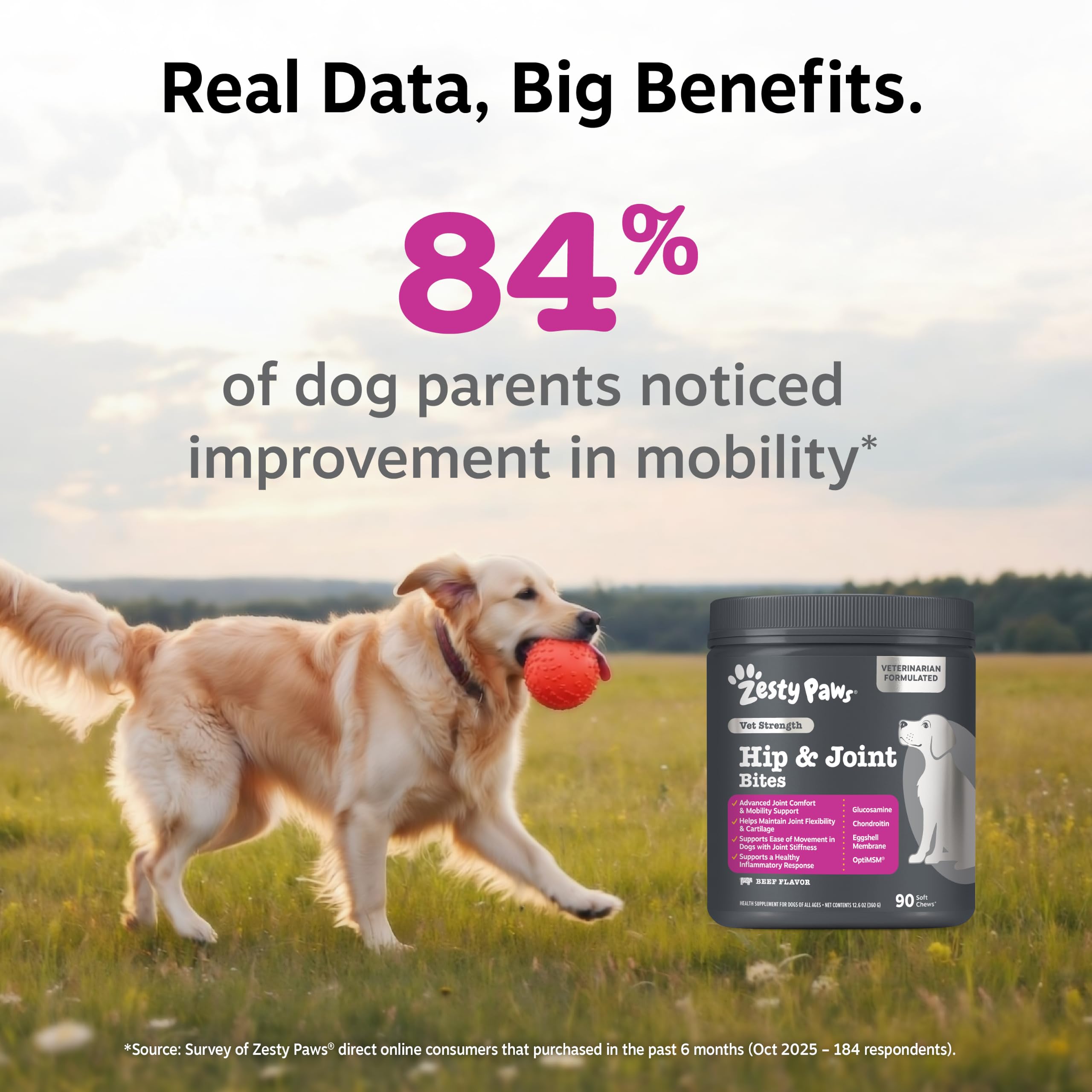 Zesty Paws pot ouvert montrant 90 masticables, bénéfice quantité pratique