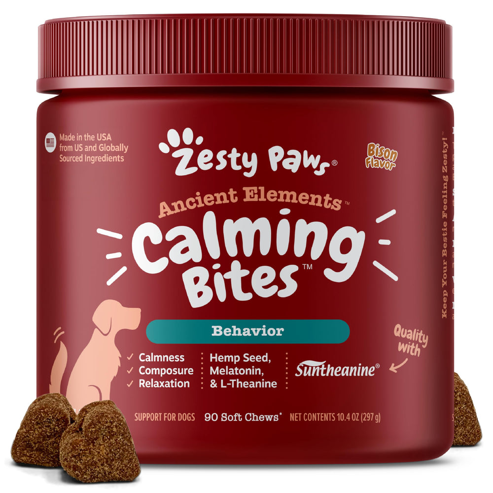 Zesty Paws emballage frontal bison montrant 90 chews bénéfice tranquillité
