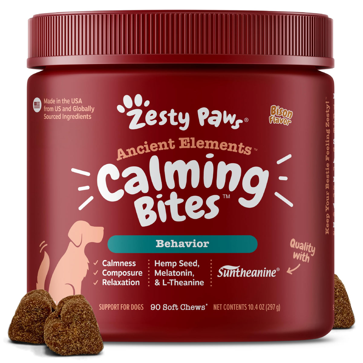 Zesty Paws emballage frontal bison montrant 90 chews bénéfice tranquillité