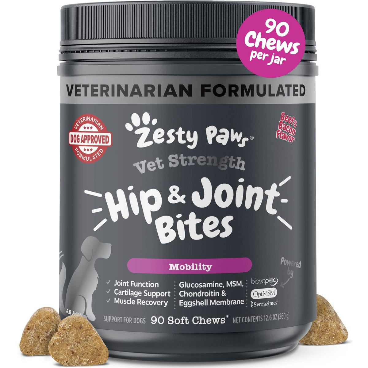 Zesty Paws emballage avant montrant pot et étiquette, bénéfice visibilité produit
