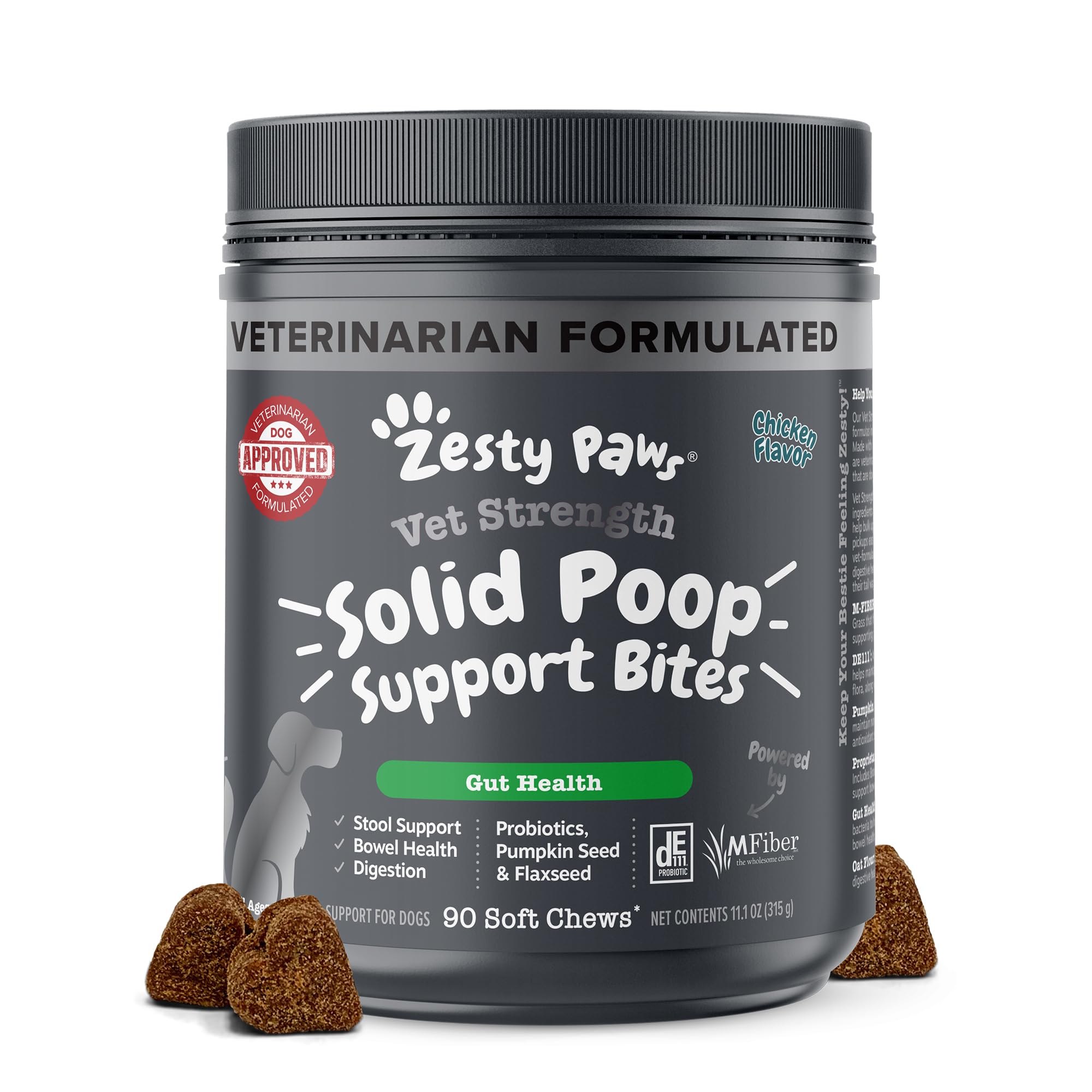 Zesty Paws paquet avant montrant 90 croquettes pour selles plus fermes et tranquillité