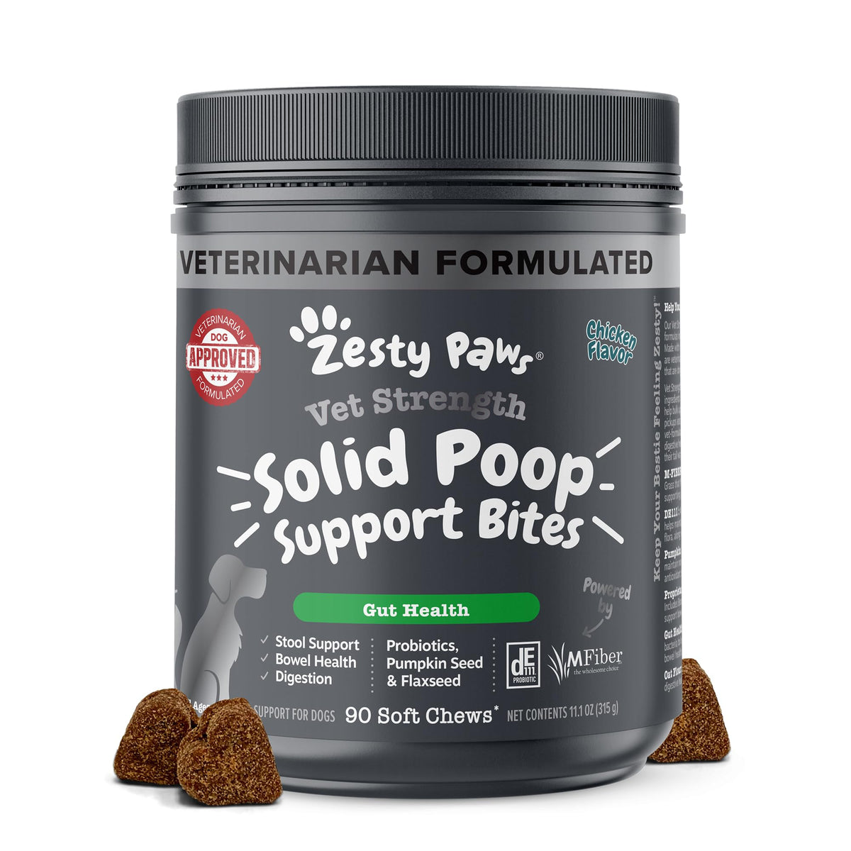 Zesty Paws paquet avant montrant 90 croquettes pour selles plus fermes et tranquillité