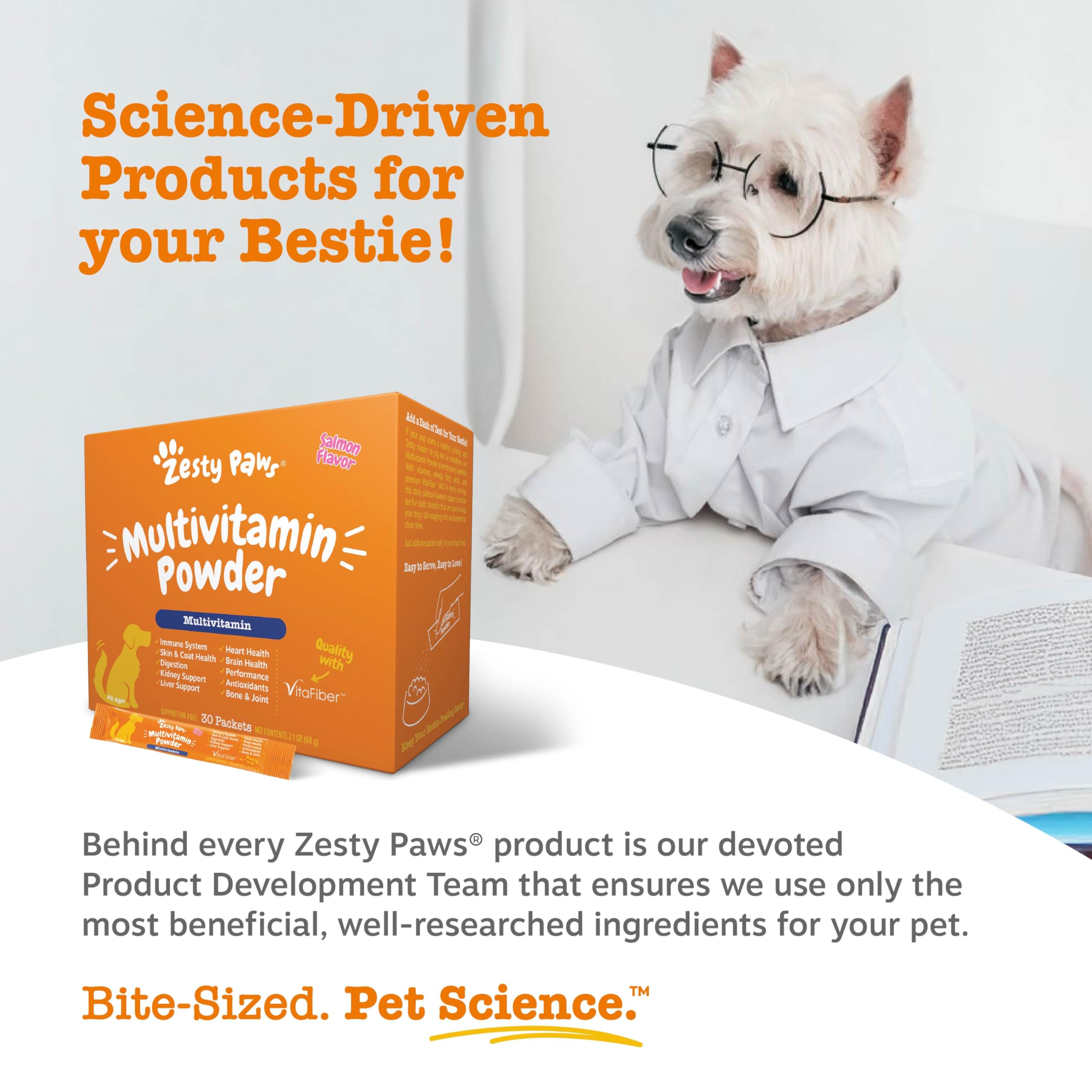 Zesty Paws portion dans bol montrant dosage pratique pour chien