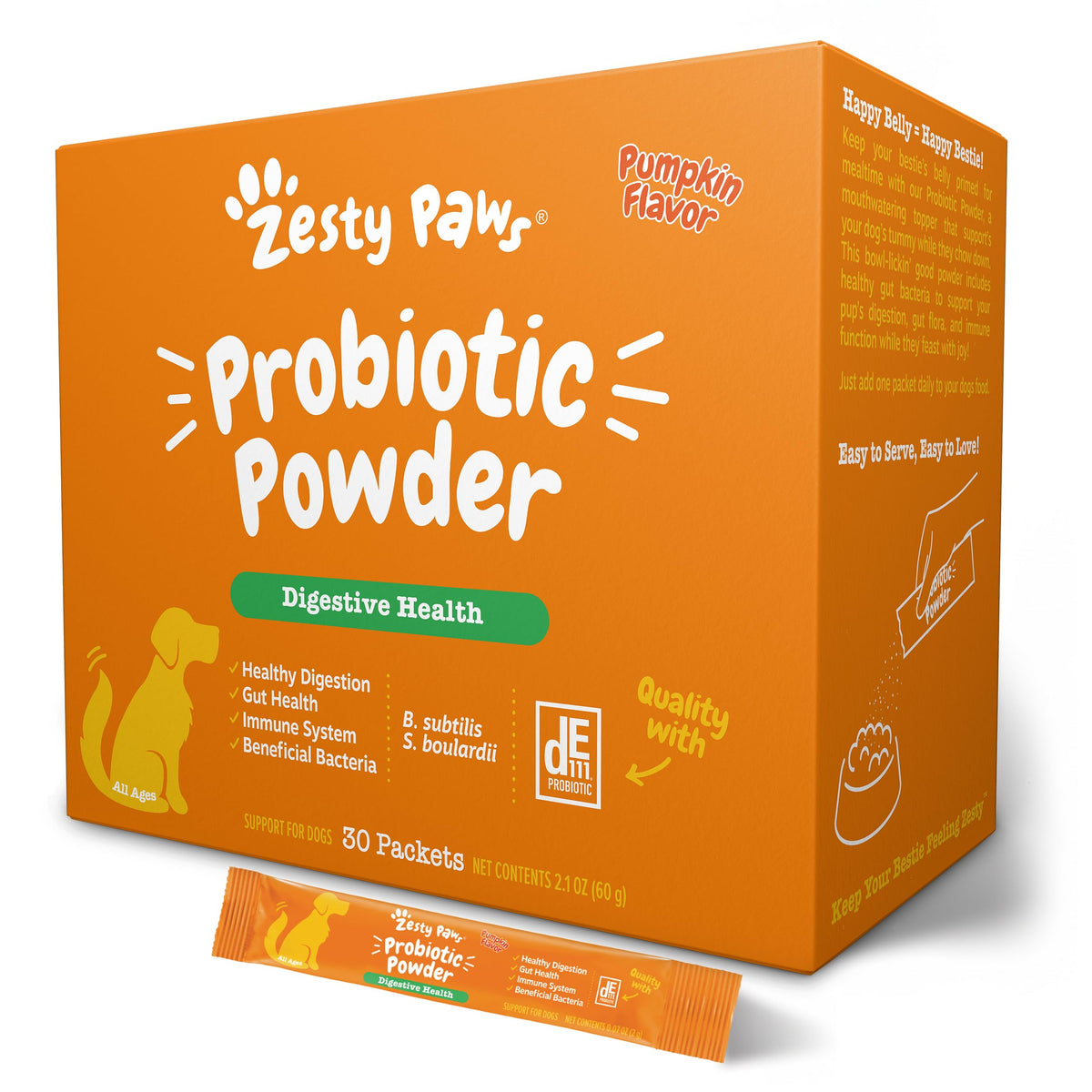 Zesty Paws emballage avant montrant 30 portions et bénéfice digestion