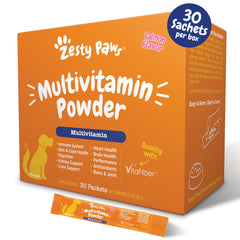 Zesty Paws emballage avant montrant la poudre et bénéfice appétence saumon