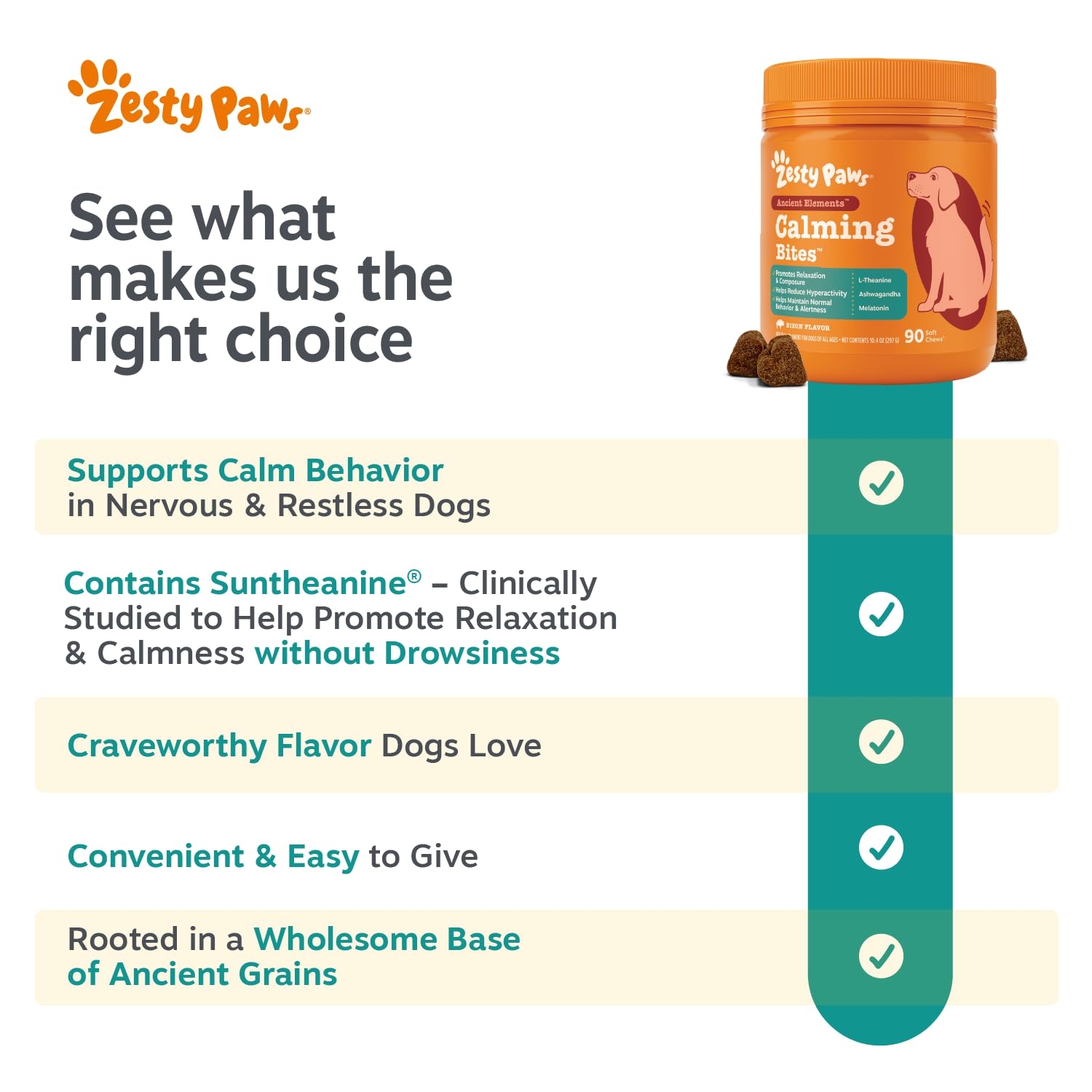 Zesty Paws comparaison taille avec pièce illustre portion contrôlée
