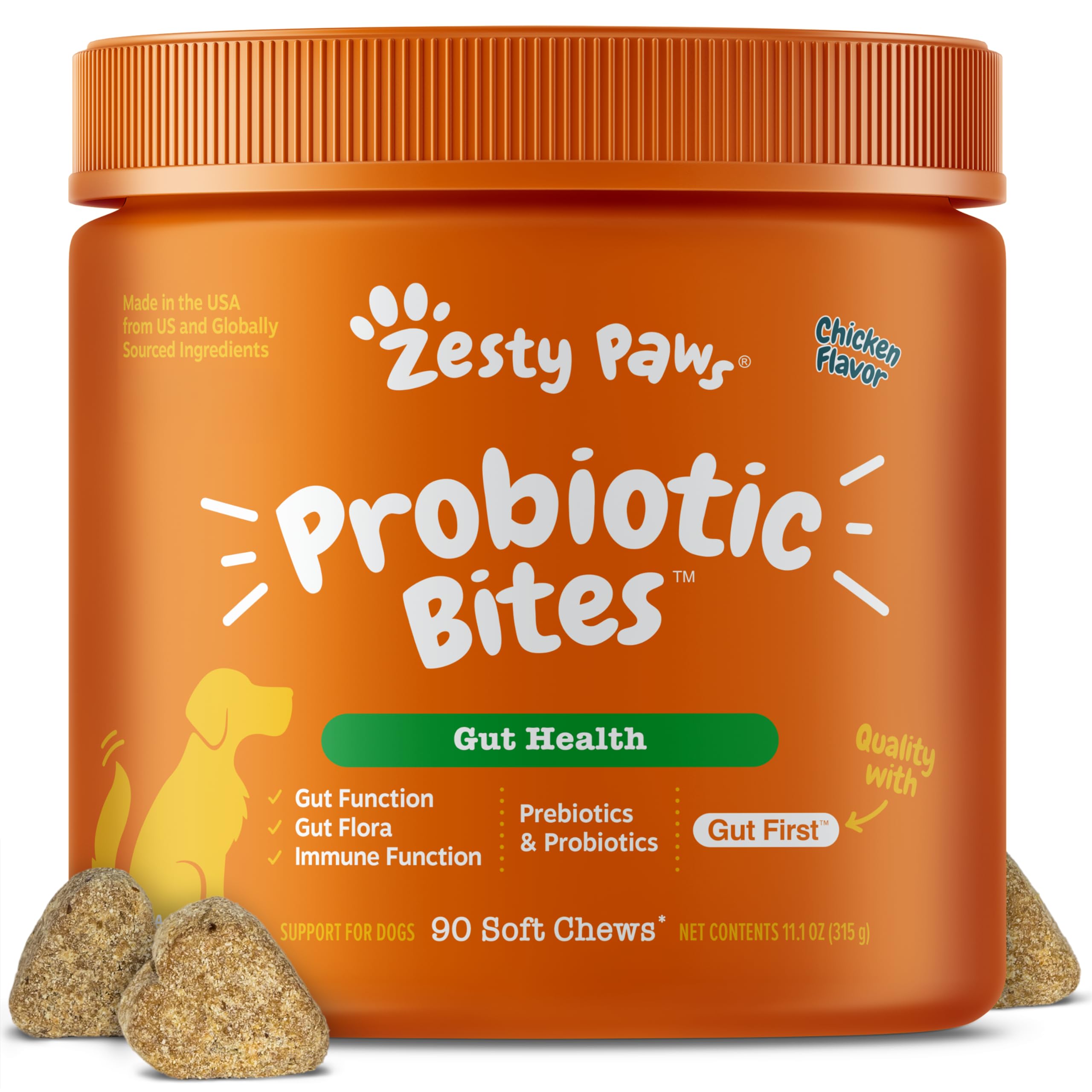 zesty paws emballage frontal montrant 90 bouchées pour administration facile