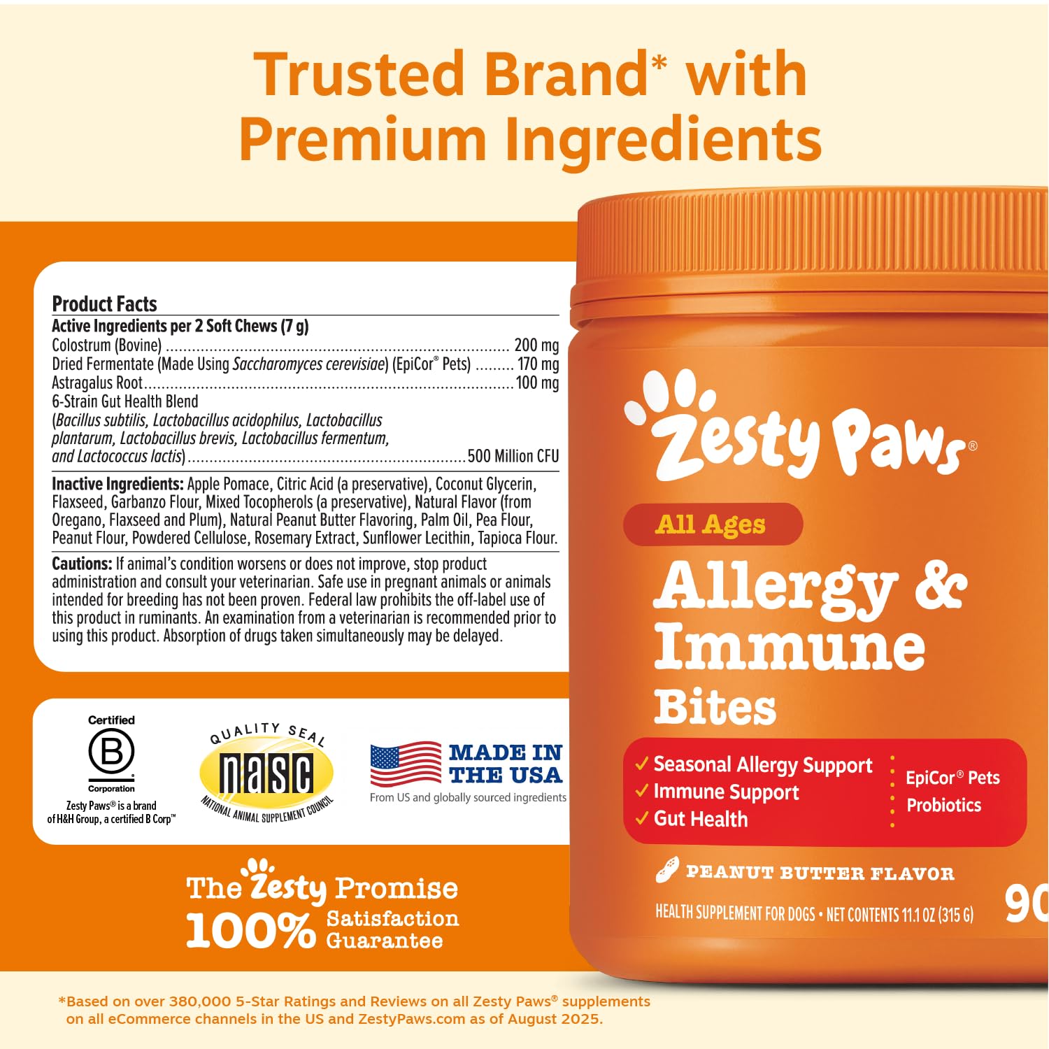 Zesty Paws portion montrée sur plaque, dosage quotidien clair