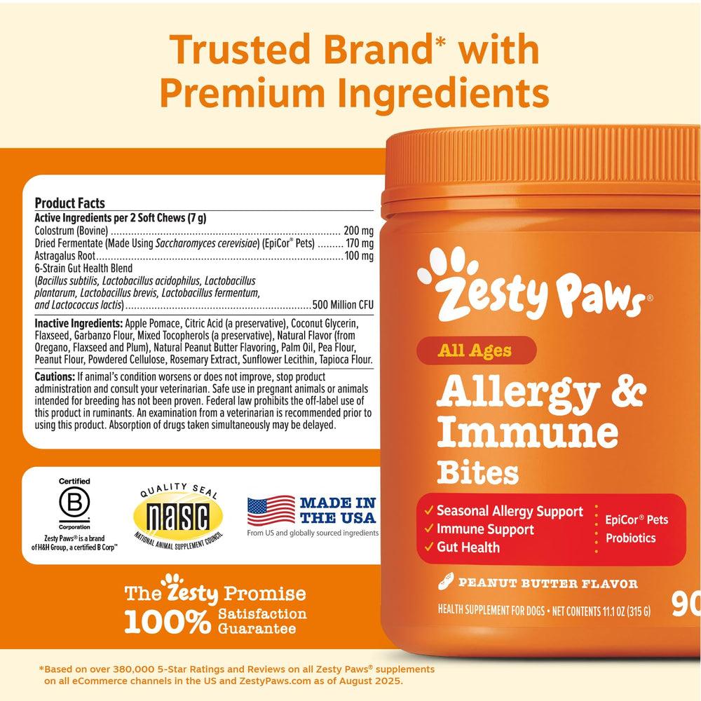 Zesty Paws portion montrée sur plaque, dosage quotidien clair