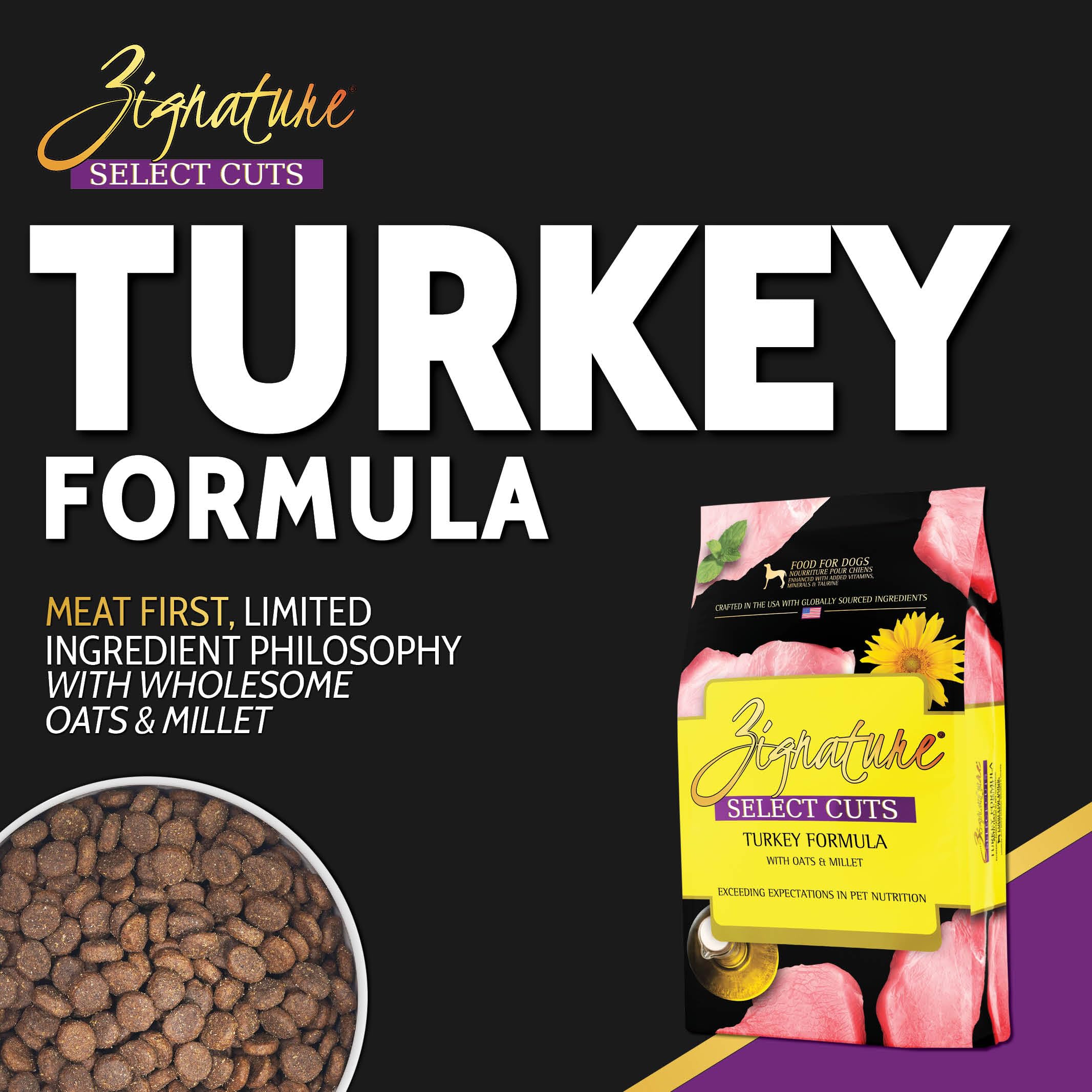 Zignature gros plan croquettes dinde montrant texture nutritive