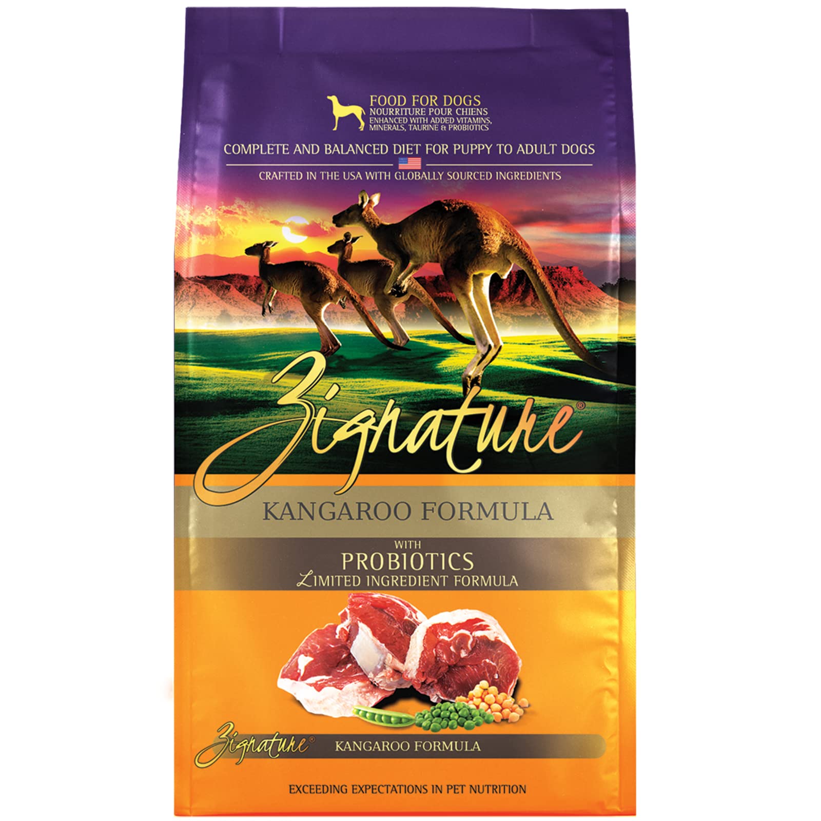 Zignature emballage avant montrant la formule kangaroo et bénéfice protéine novel