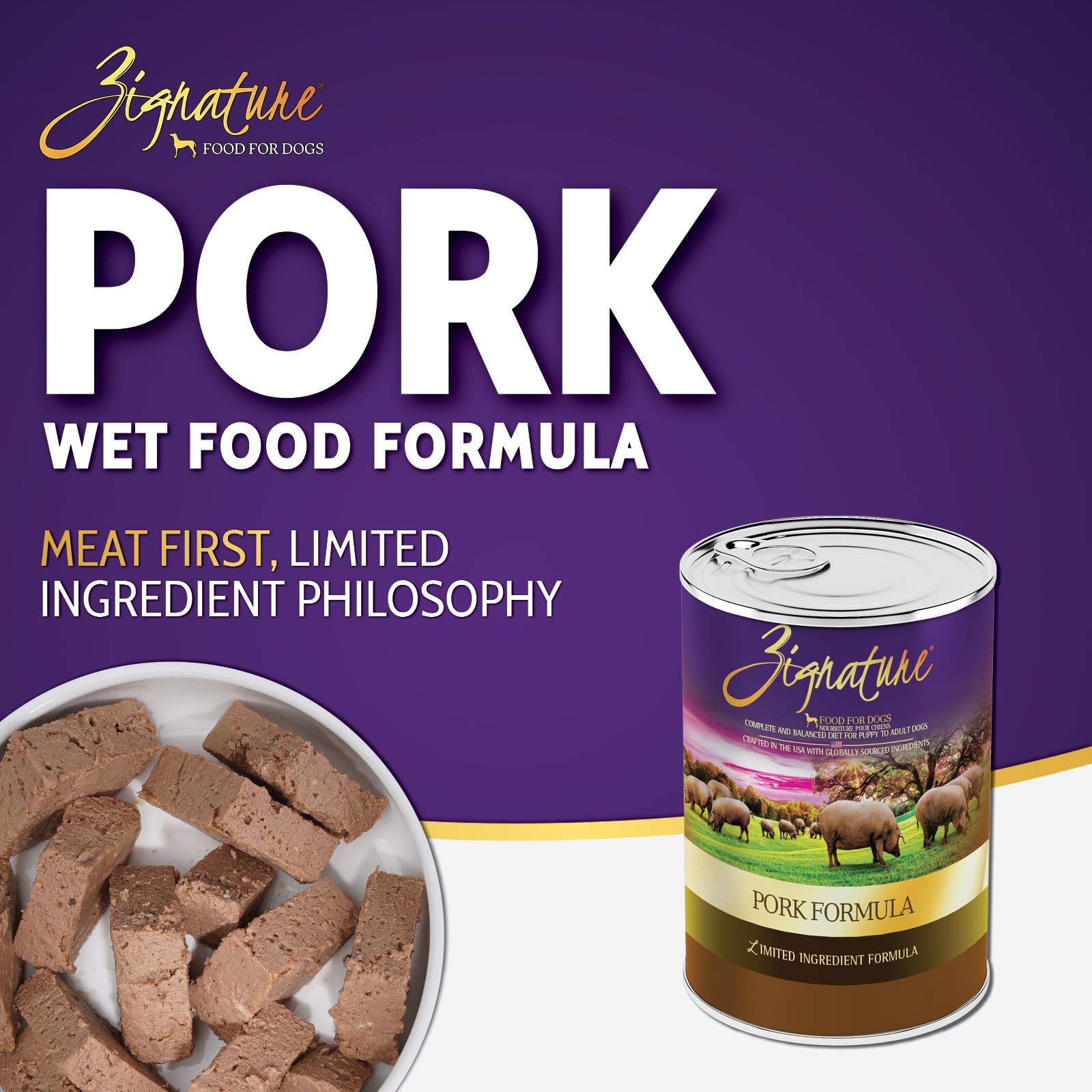 Zignature porc gros plan texture humide montrant tendreté et digestibilité