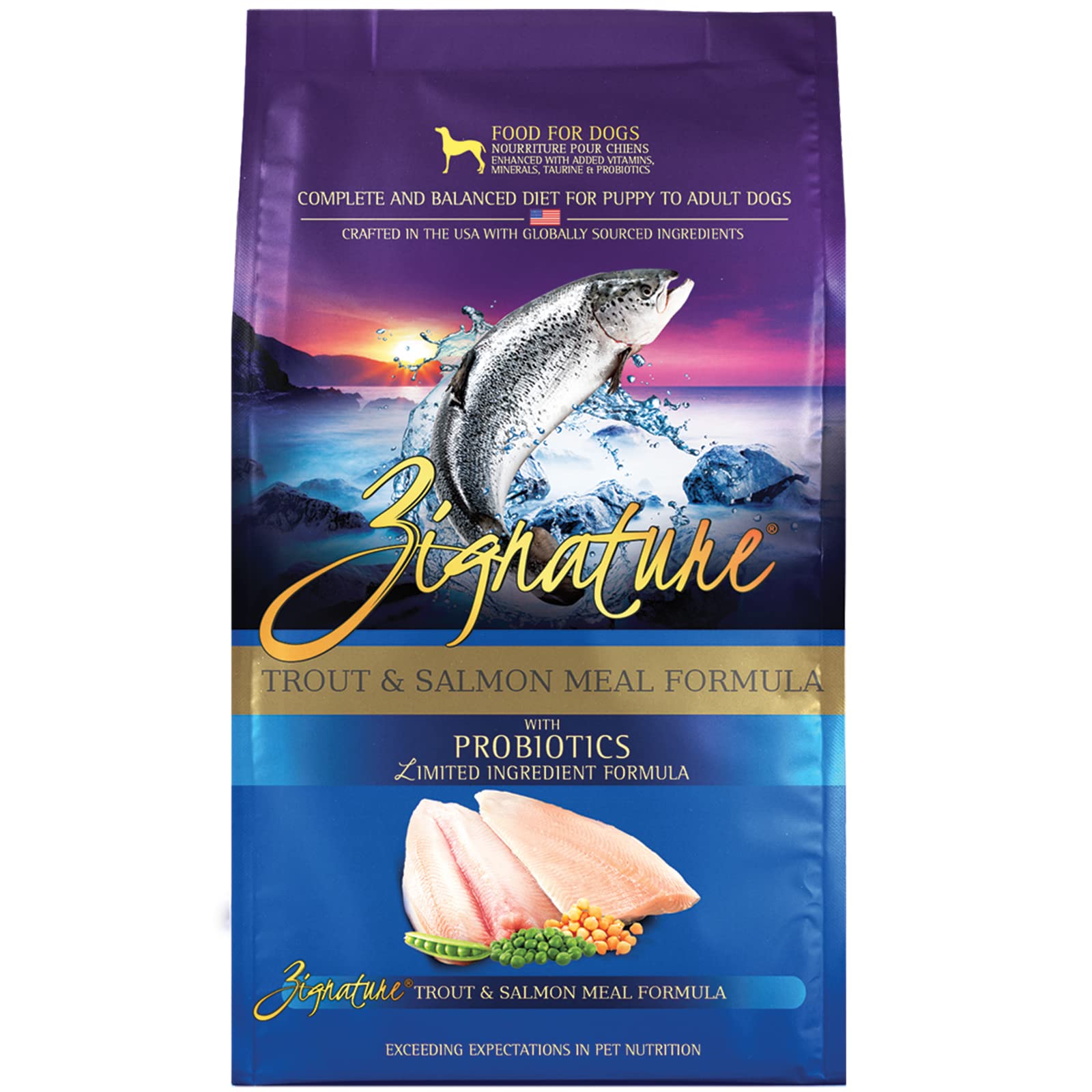 Zignature emballage avant montrant formule truite et saumon et bénéfice nutritionnel