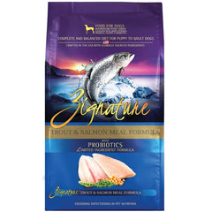 Zignature emballage avant montrant formule truite et saumon et bénéfice nutritionnel