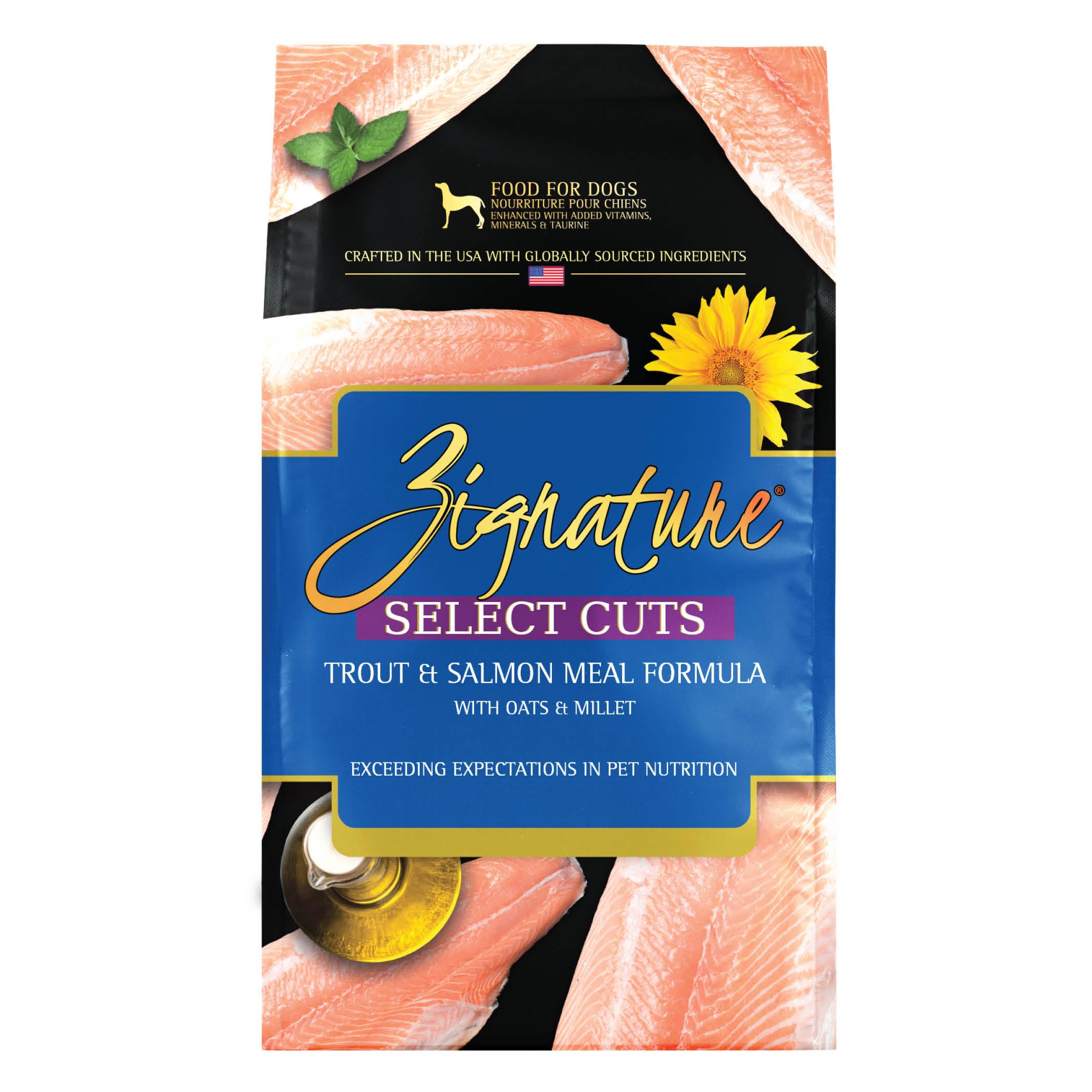 Zignature emballage Trout & Salmon montrant format 25 lb et informations produit