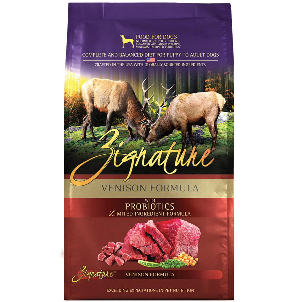 Zignature emballage 25lb montrant la recette venaison et bénéfice clarté d'ingrédients