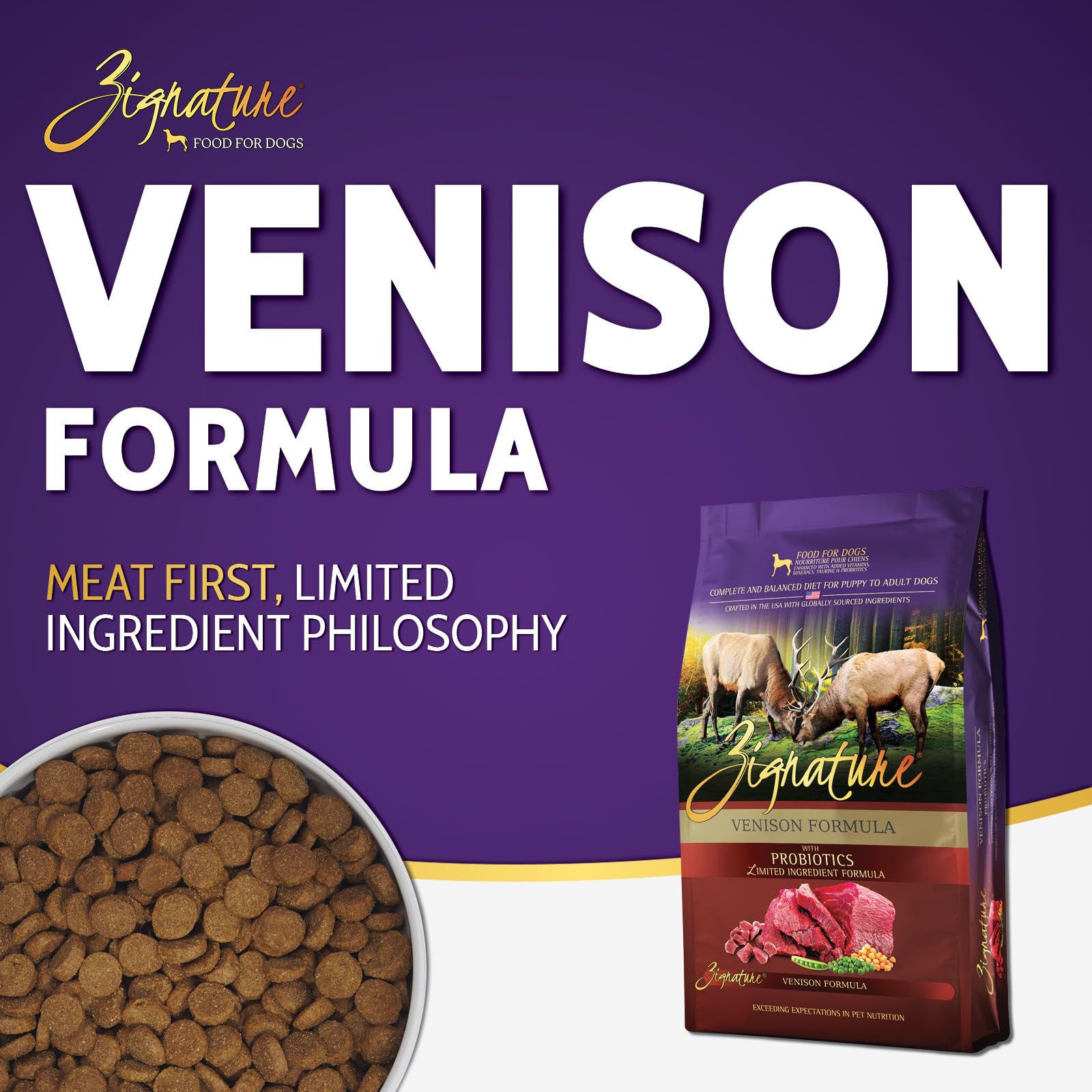 Zignature venison gros plan croquettes montre texture digestible