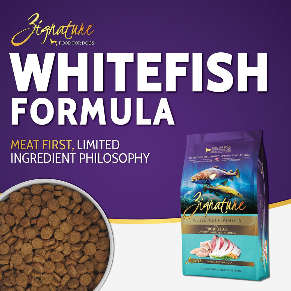 Gros plan sur les granules Zignature Whitefish montrant texture et appétence