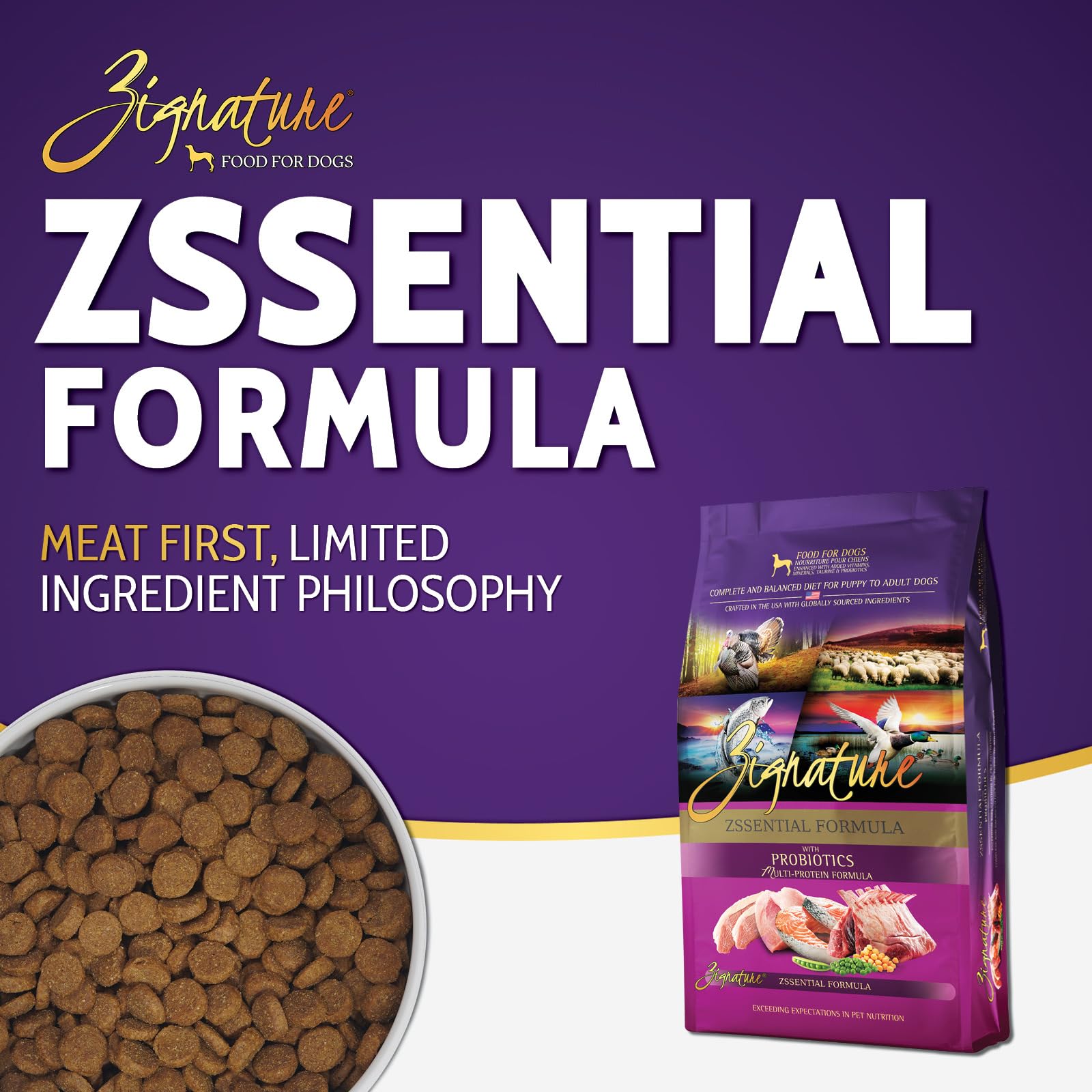 Gros plan de la texture des croquettes Zignature Zssential, met en valeur l'appétence