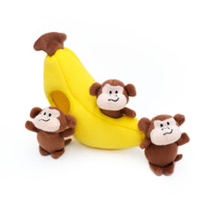 ZippyPaws banane avec singes en peluche montrant jeu et stimulation