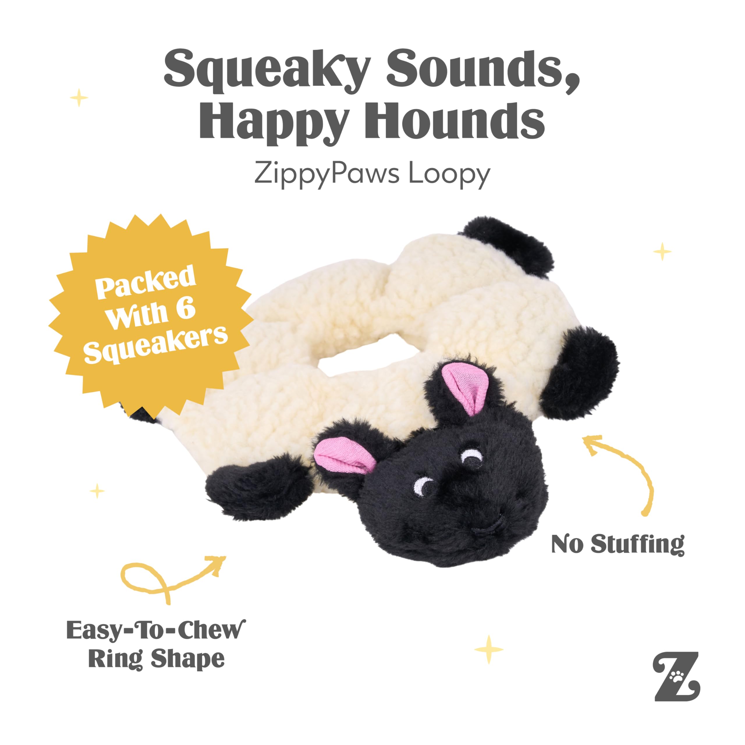 ZippyPaws Loopy Sheep gros plan broderie sécurisée et finition durable