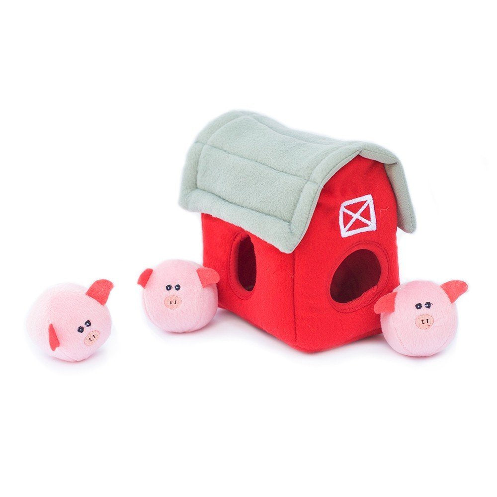 ZippyPaws packaging du Pig Barn montrant le jouet et l’avantage d’éveil
