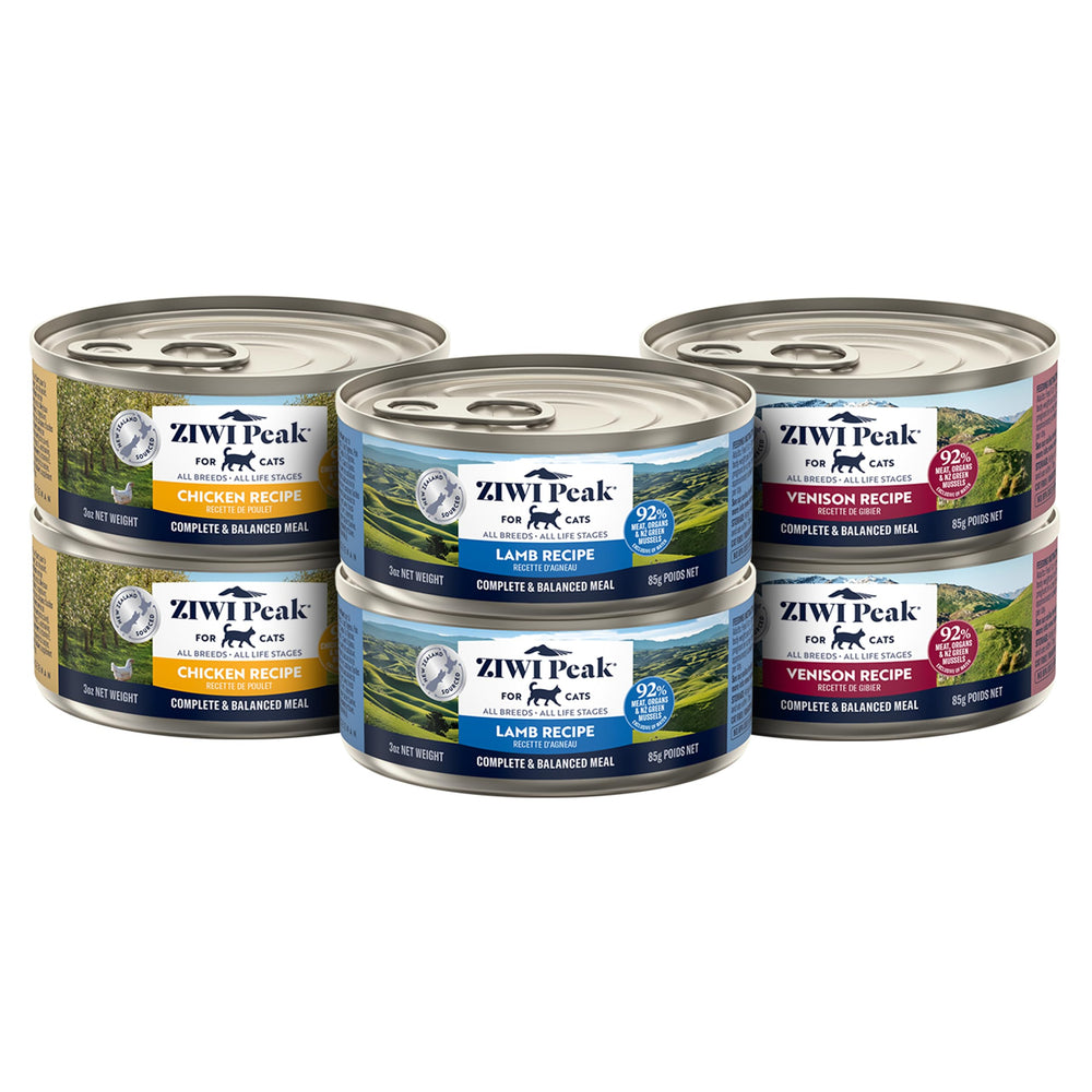 ZIWI boîte face assortiment montrant les trois saveurs et praticité