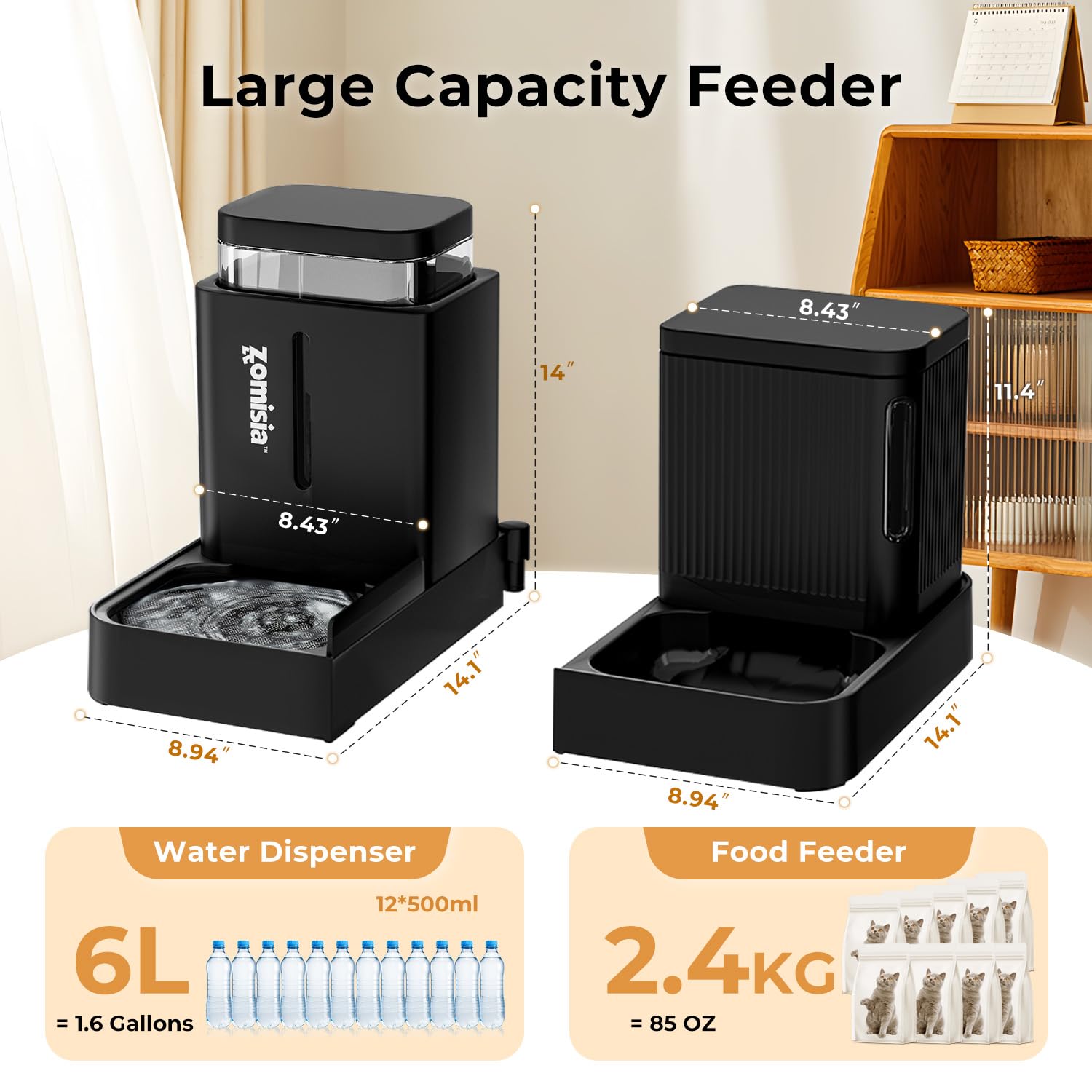 ZOMISIA vue profil illustrant capacité 1,6 gallon, réserve durable pour jours