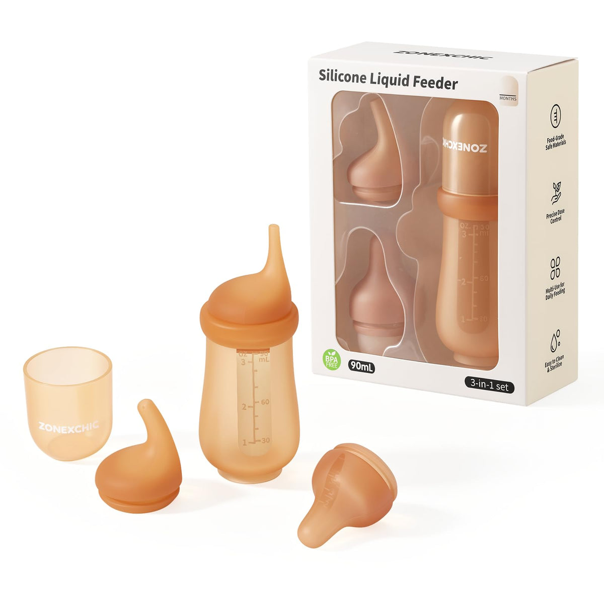 ZONEXCHIC biberon face avant montrant ergonomie et graduation précise