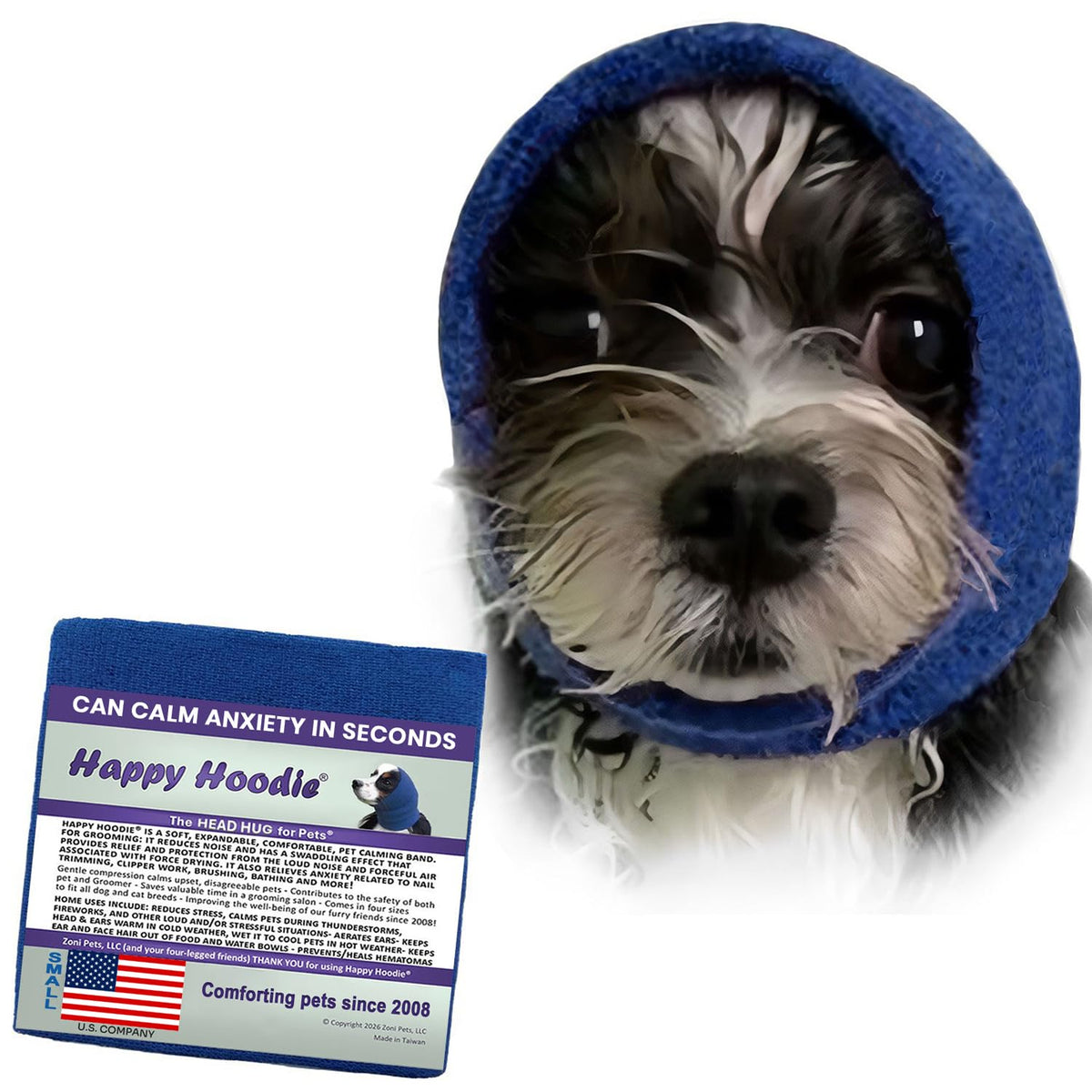 ZONI PETS packaging Happy Hoodie montrant protection et facilité d’usage