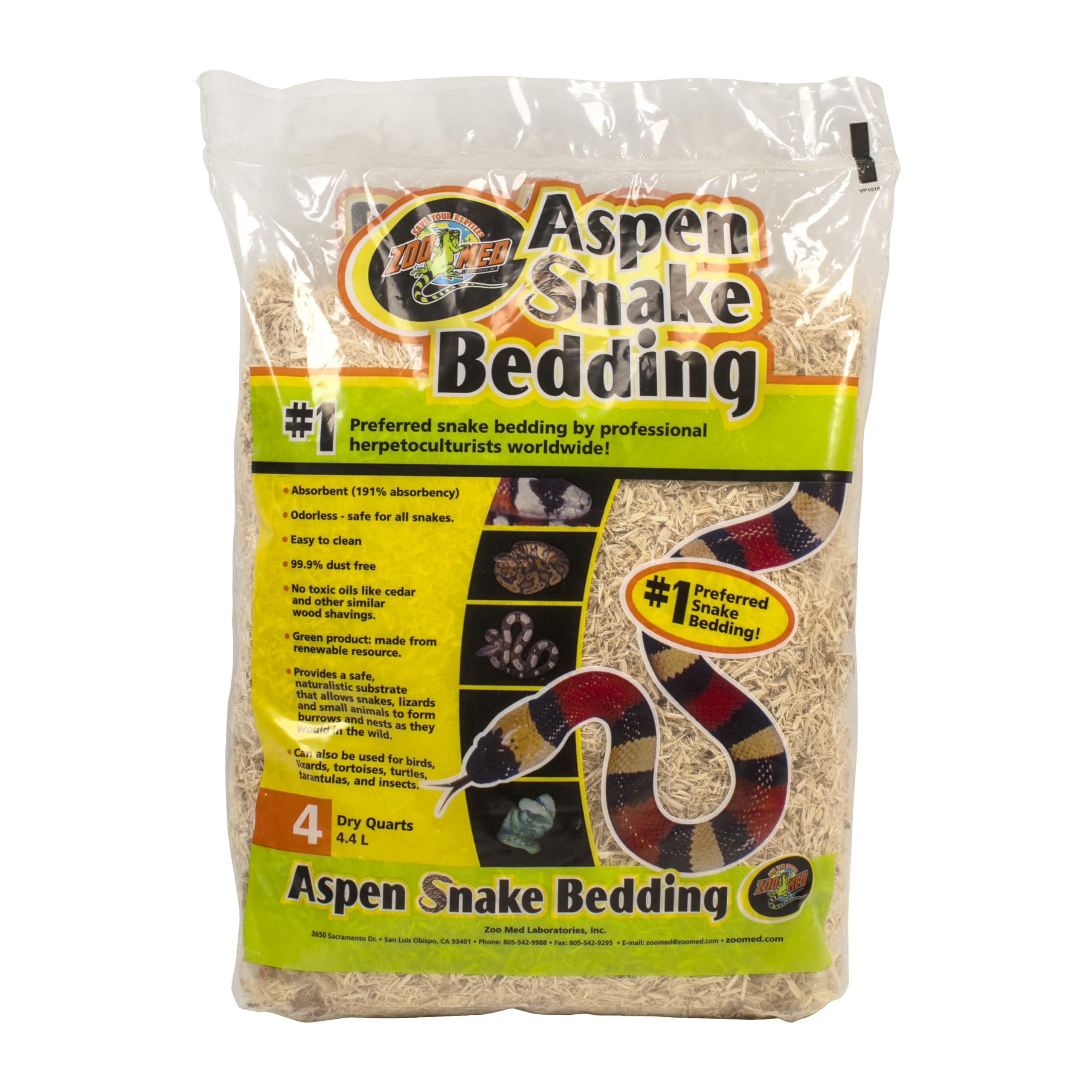 Zoo Med paquet Aspen naturel 4 quart montrant emballage et information produit
