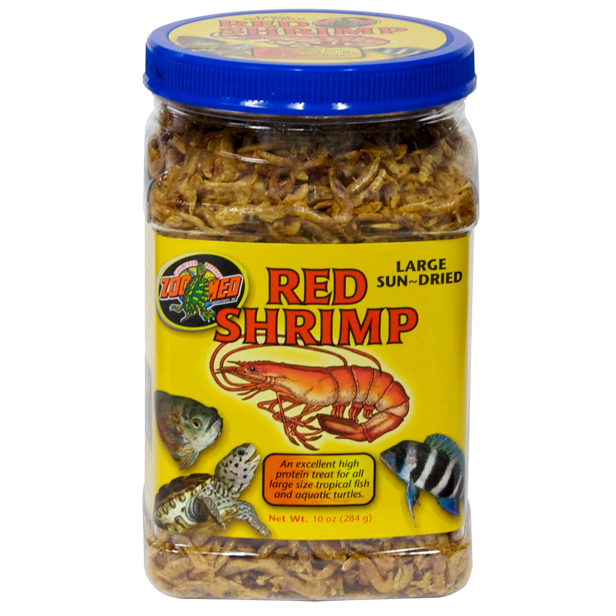 Zoo Med emballage de crevettes séchées montrant portion prête à nourrir, riche en protéines