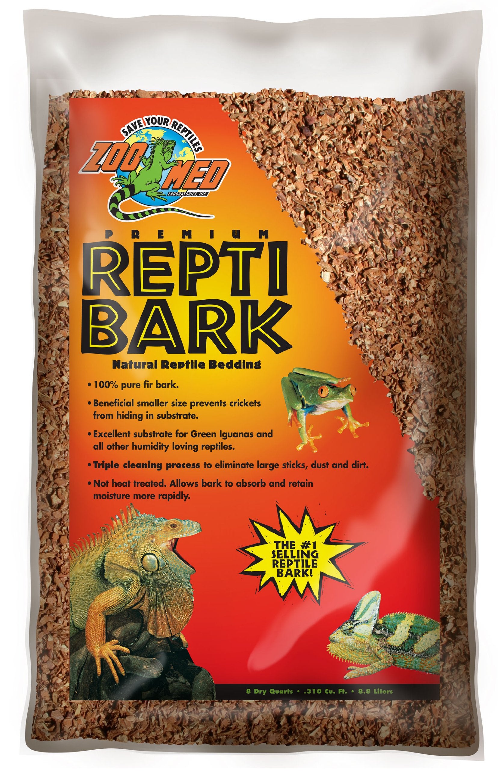 Zoo Med emballage avant du Reptile Bark 8 quarts montrant produit et étiquette bénéfice entretien facile