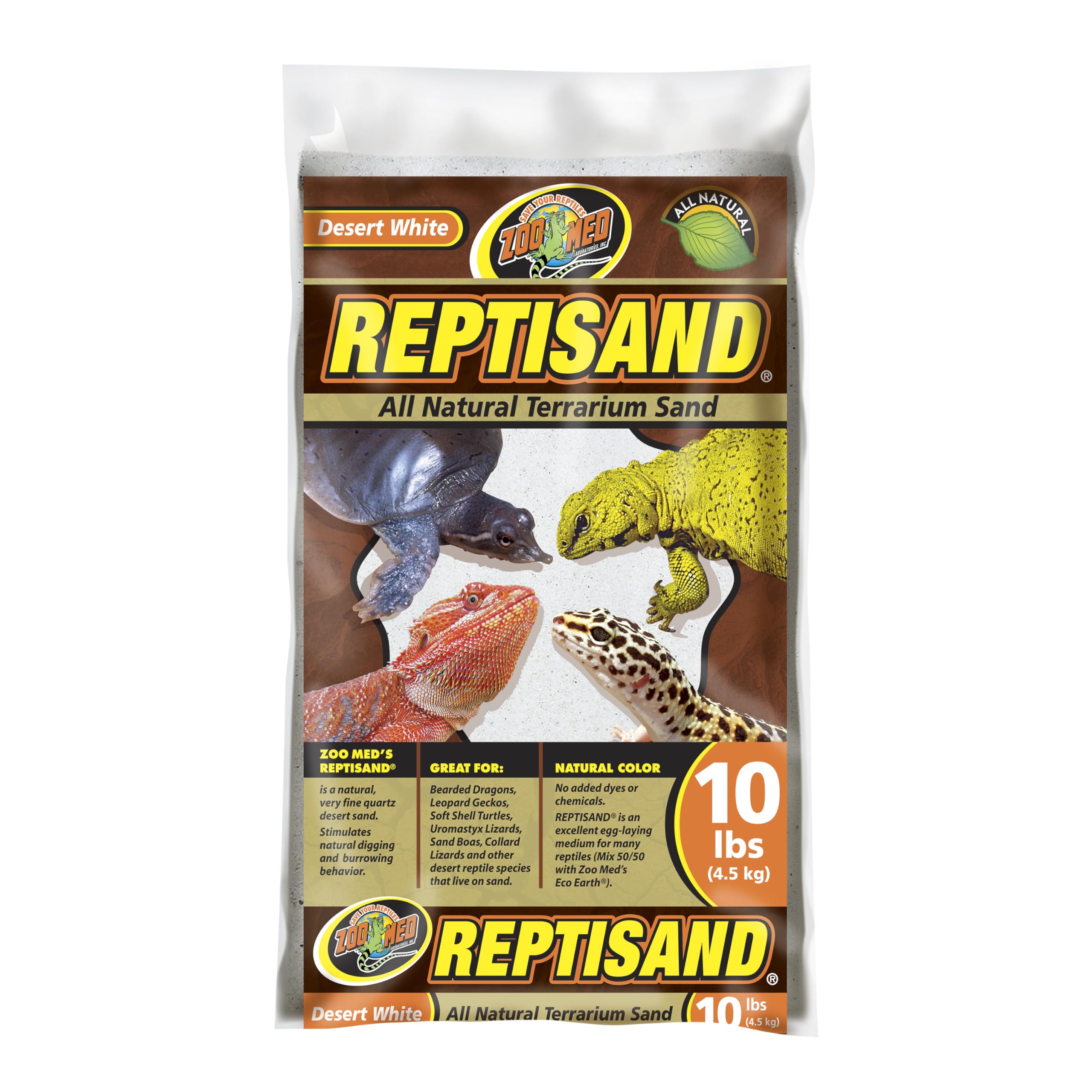 Zoo Med ReptiSand emballage devant montrant 10 lb et aspect naturel pour déco réaliste